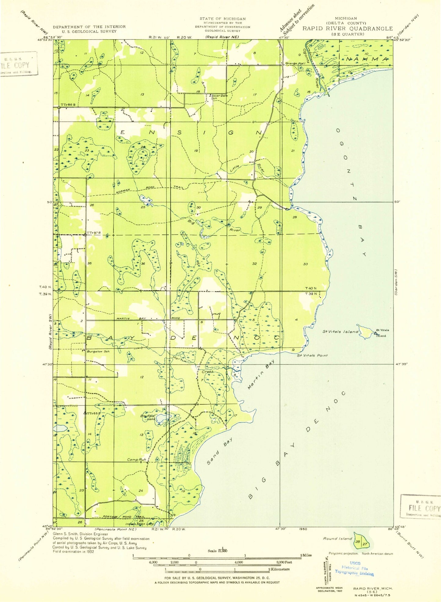 Classic USGS Ogontz Michigan 7.5'x7.5' Topo Map Image