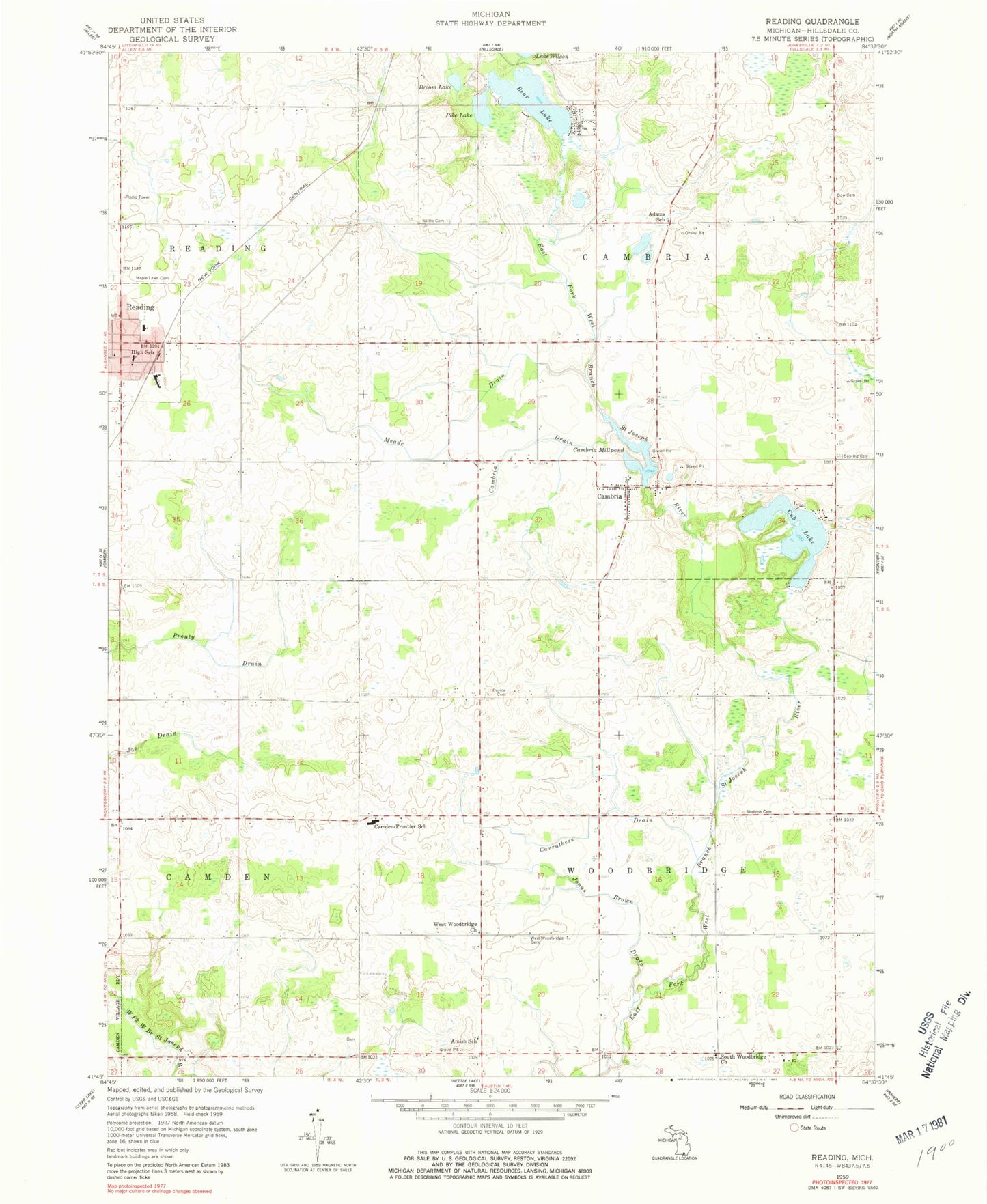 Classic USGS Reading Michigan 7.5'x7.5' Topo Map Image