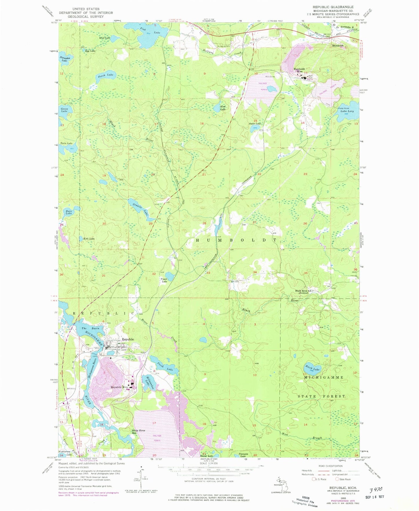 Classic USGS Republic Michigan 7.5'x7.5' Topo Map Image