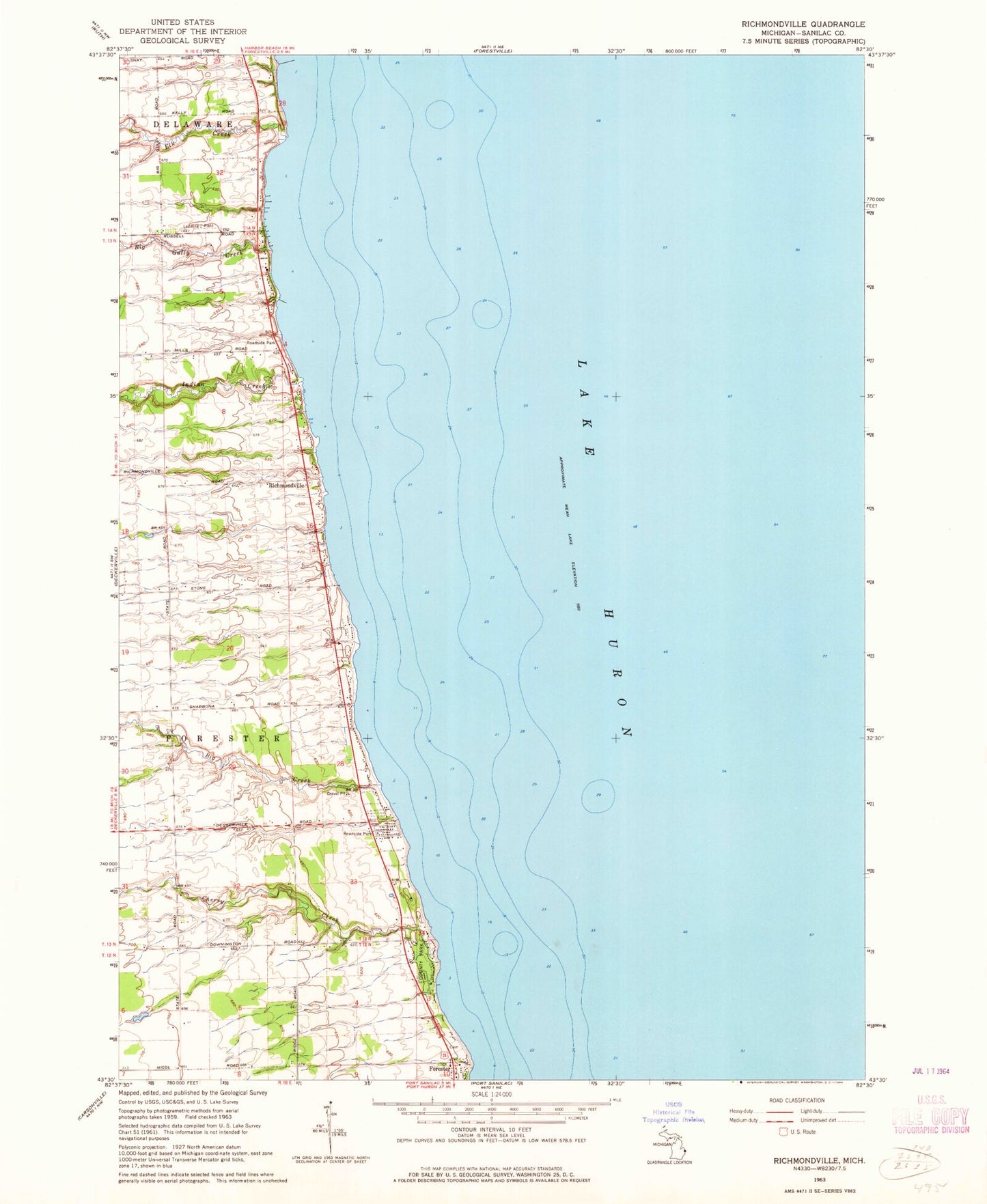 Classic USGS Richmondville Michigan 7.5'x7.5' Topo Map Image