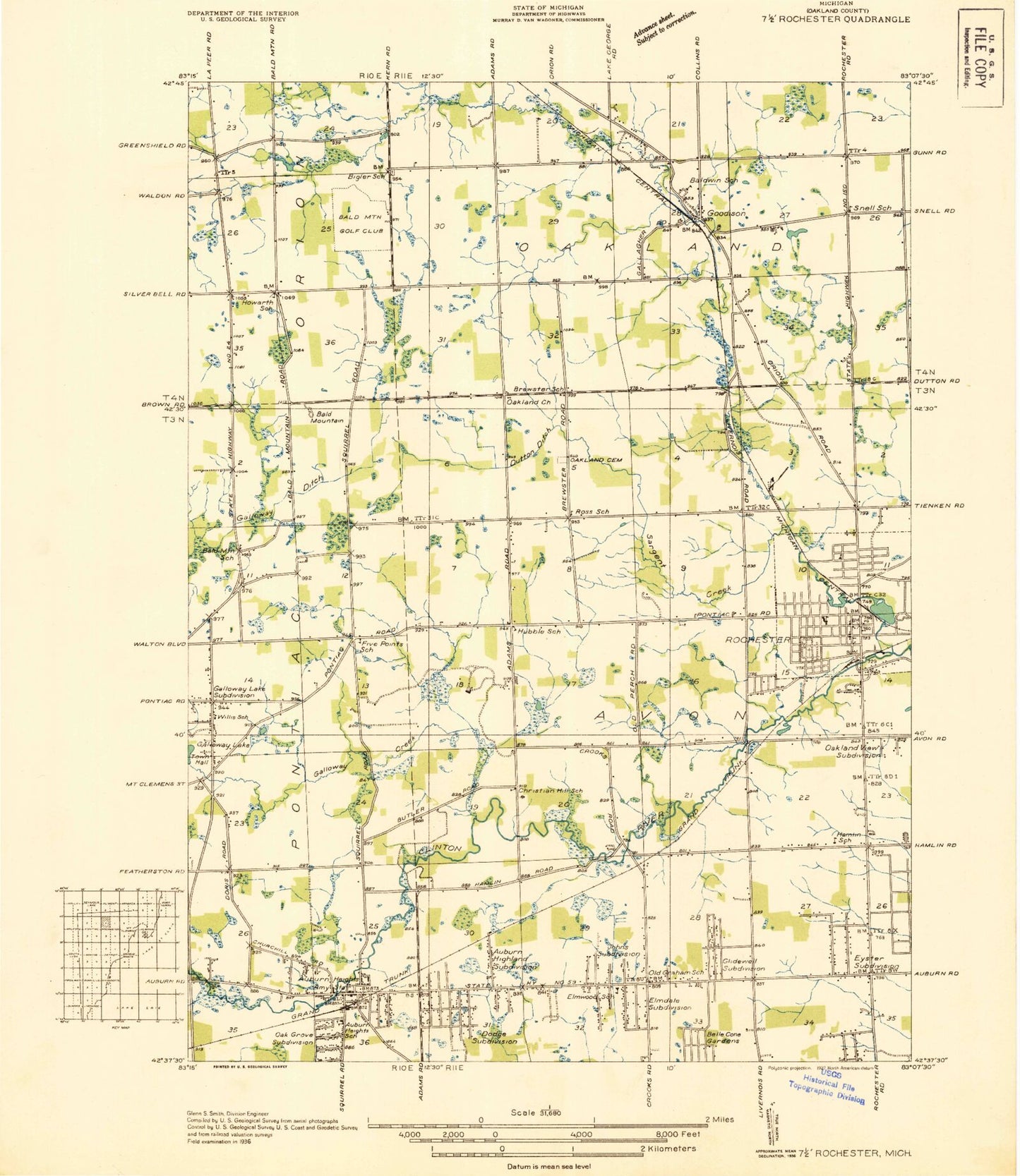Classic USGS Rochester Michigan 7.5'x7.5' Topo Map Image