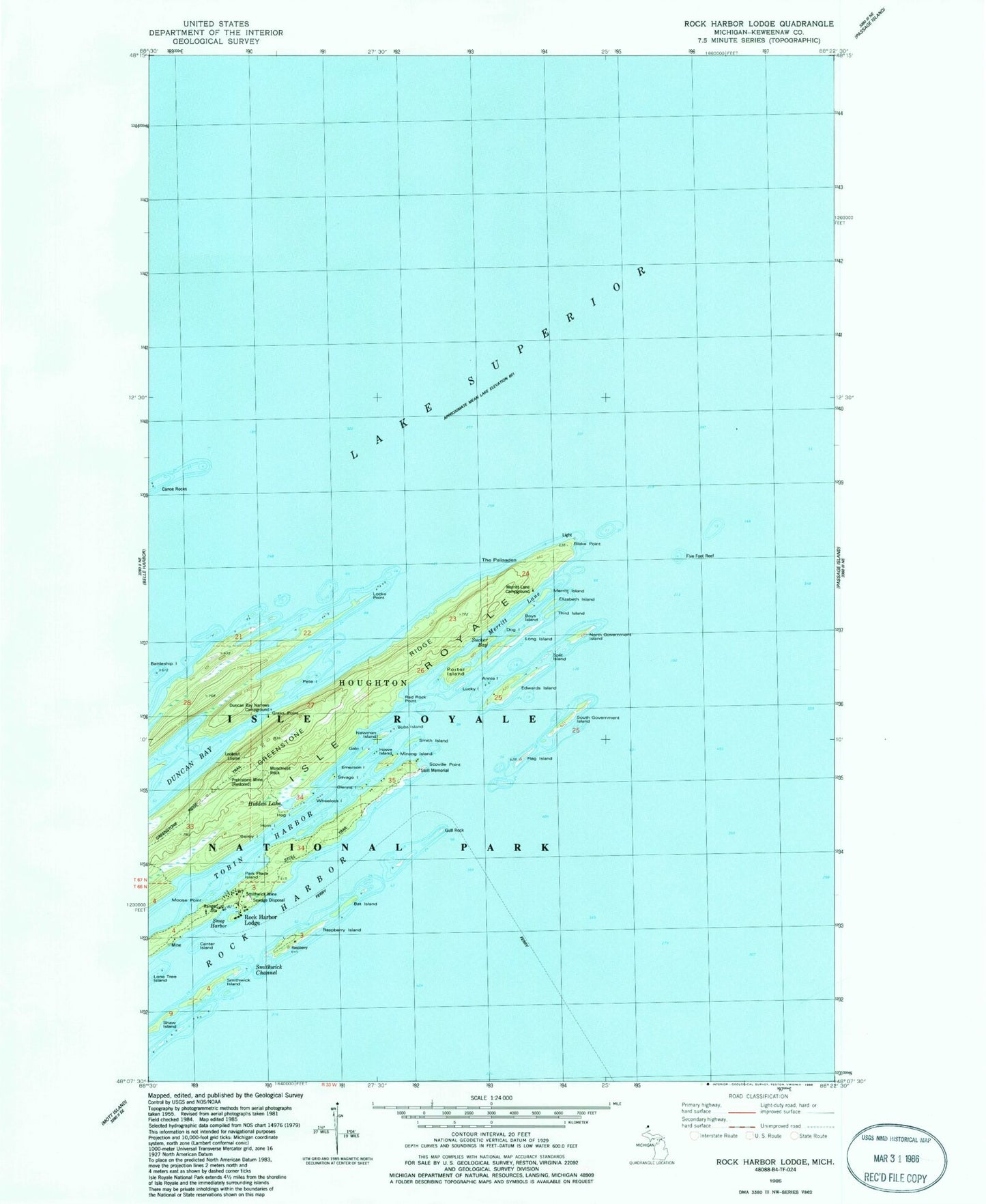 Classic USGS Rock Harbor Lodge Michigan 7.5'x7.5' Topo Map Image