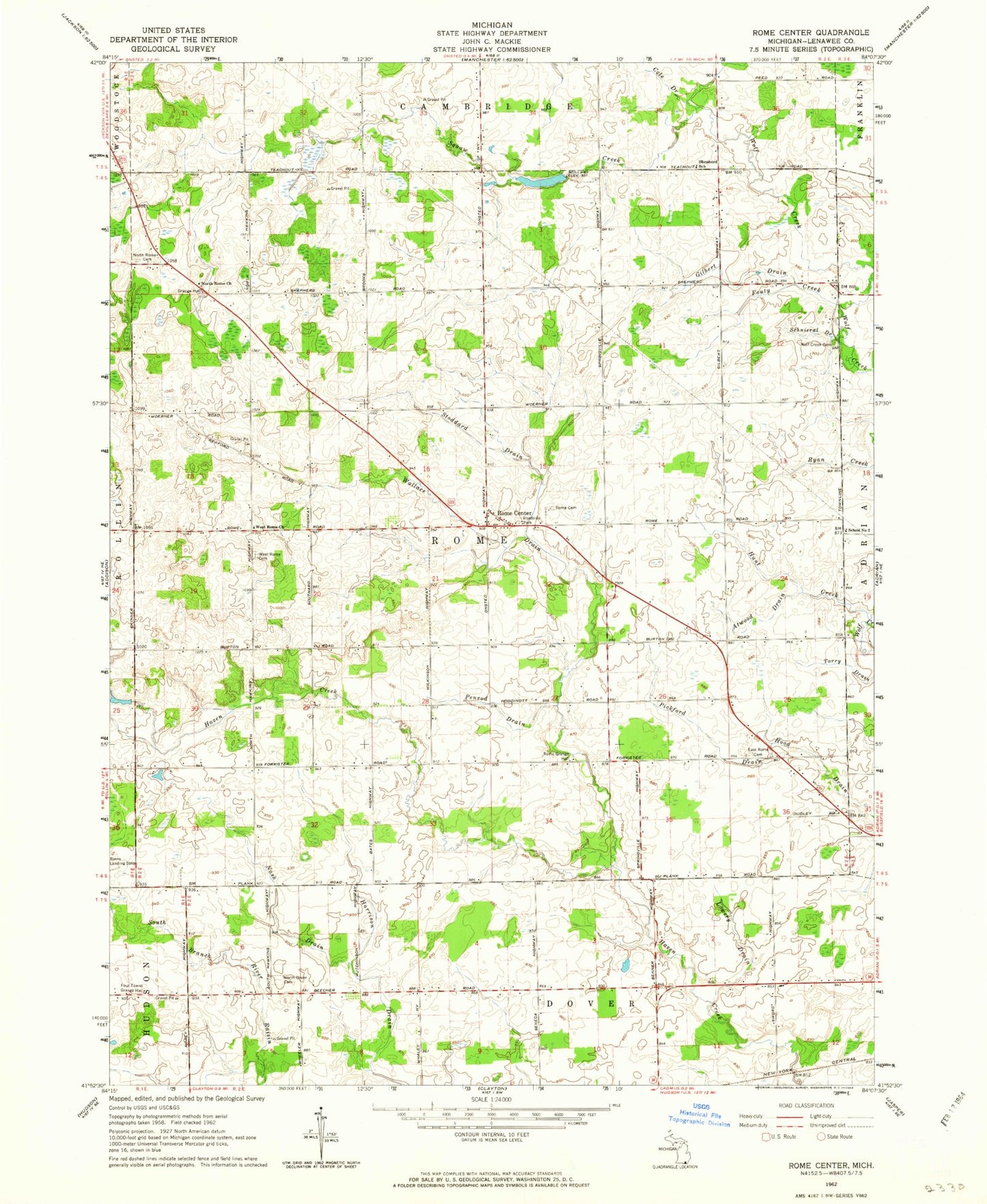 Classic USGS Rome Center Michigan 7.5'x7.5' Topo Map Image
