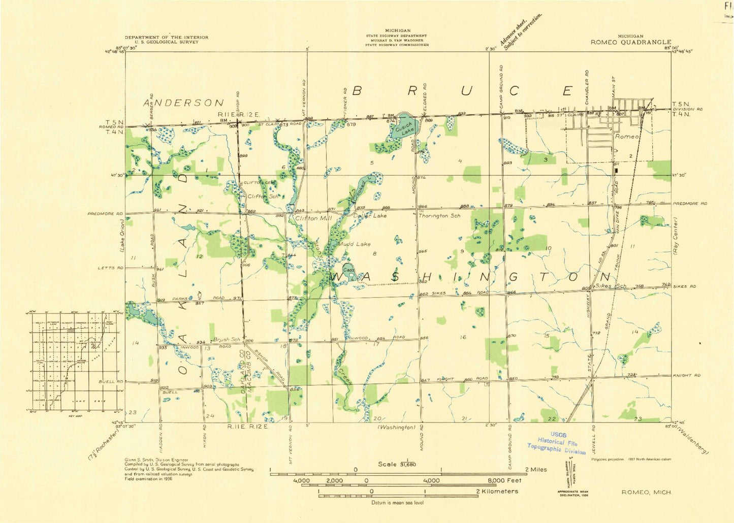 Classic USGS Romeo Michigan 7.5'x7.5' Topo Map Image