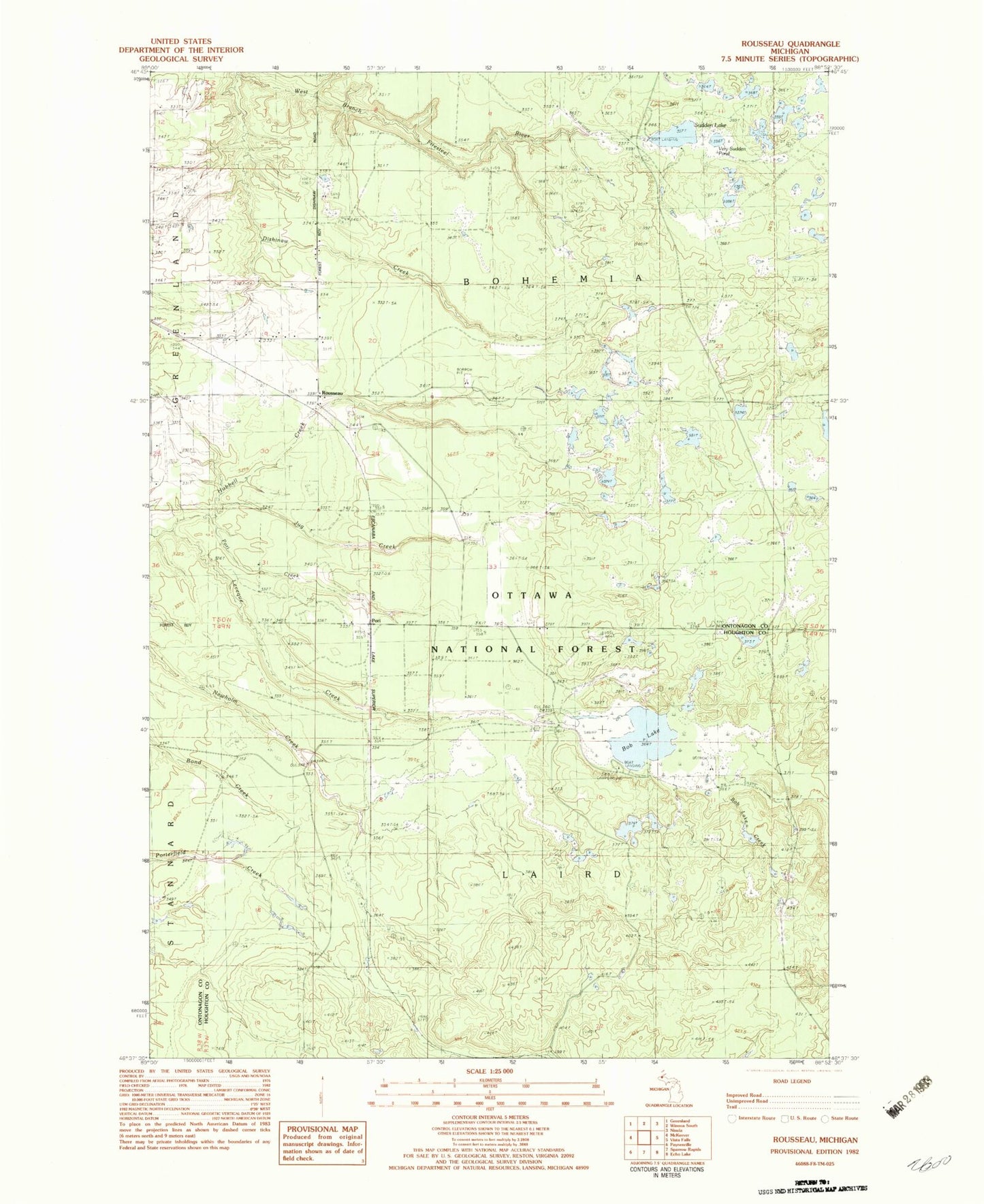 Classic USGS Rousseau Michigan 7.5'x7.5' Topo Map Image