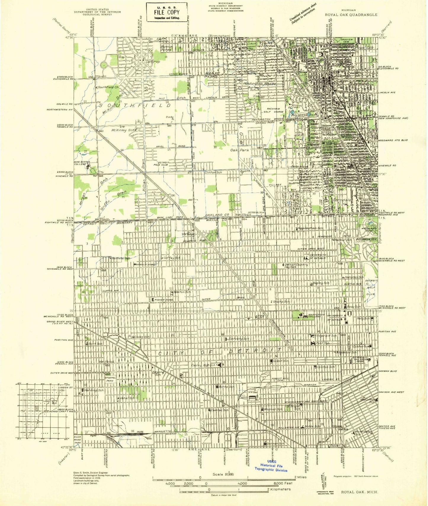 Classic USGS Royal Oak Michigan 7.5'x7.5' Topo Map Image