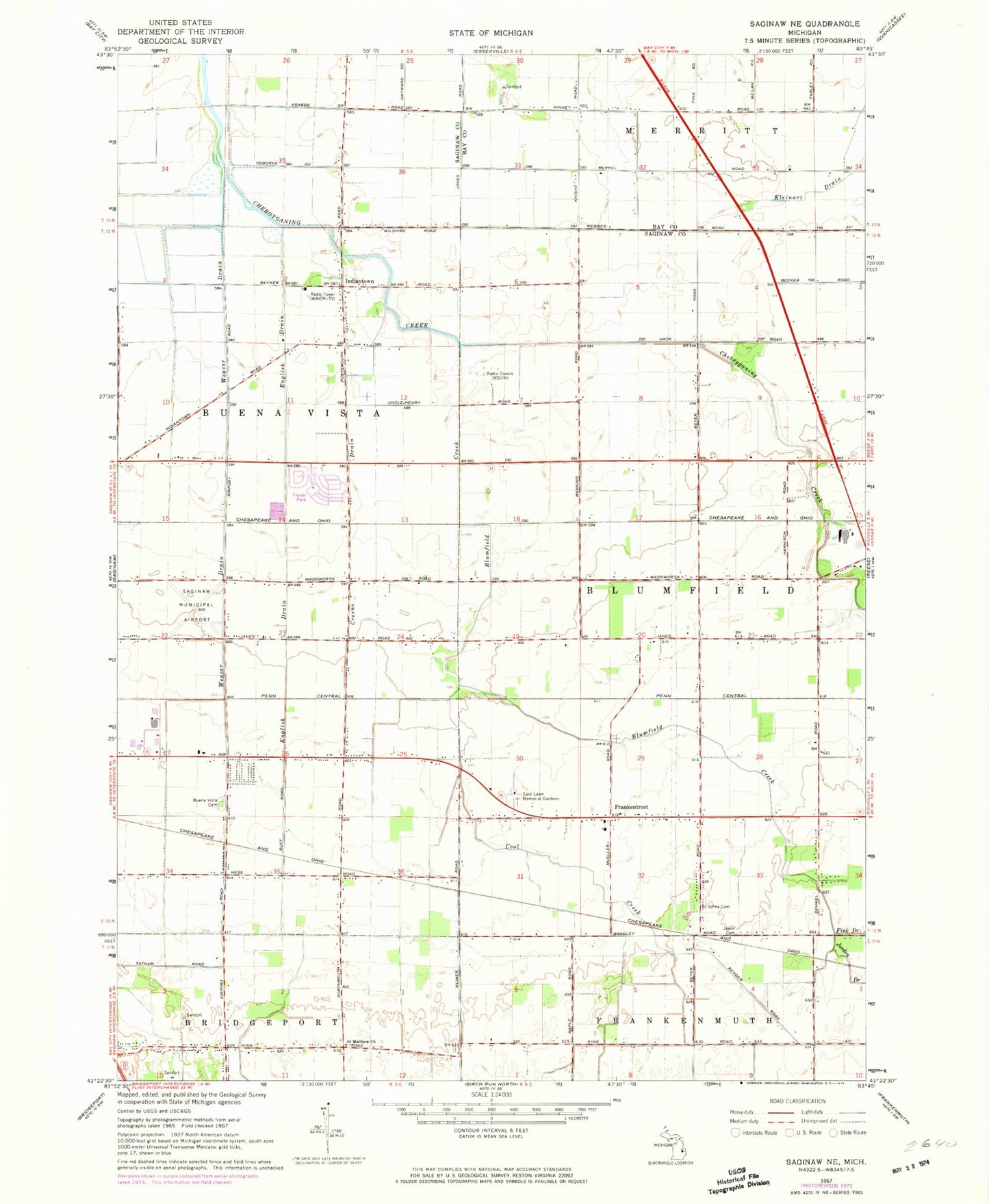 Classic USGS Saginaw NE Michigan 7.5'x7.5' Topo Map Image