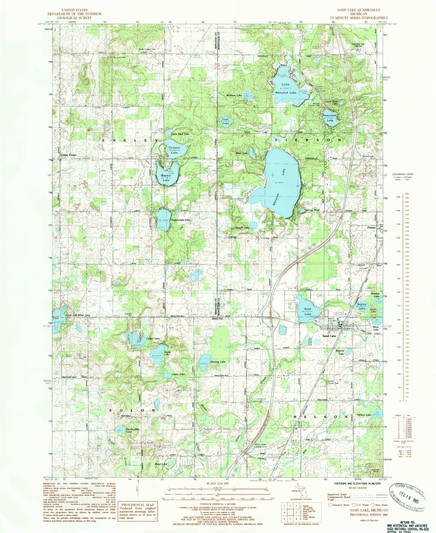 Classic USGS Sand Lake Michigan 7.5'x7.5' Topo Map Image