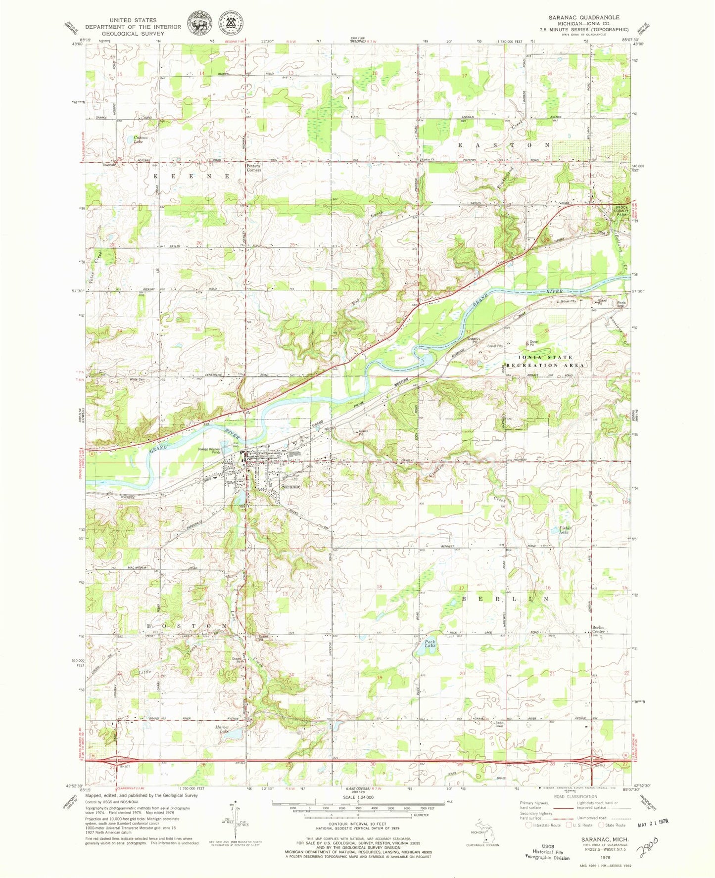 Classic USGS Saranac Michigan 7.5'x7.5' Topo Map Image