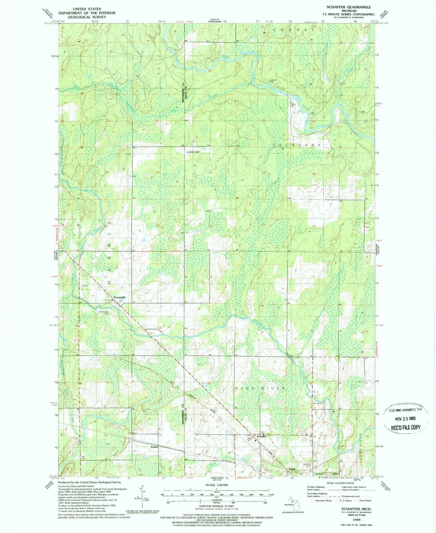 Classic USGS Schaffer Michigan 7.5'x7.5' Topo Map Image