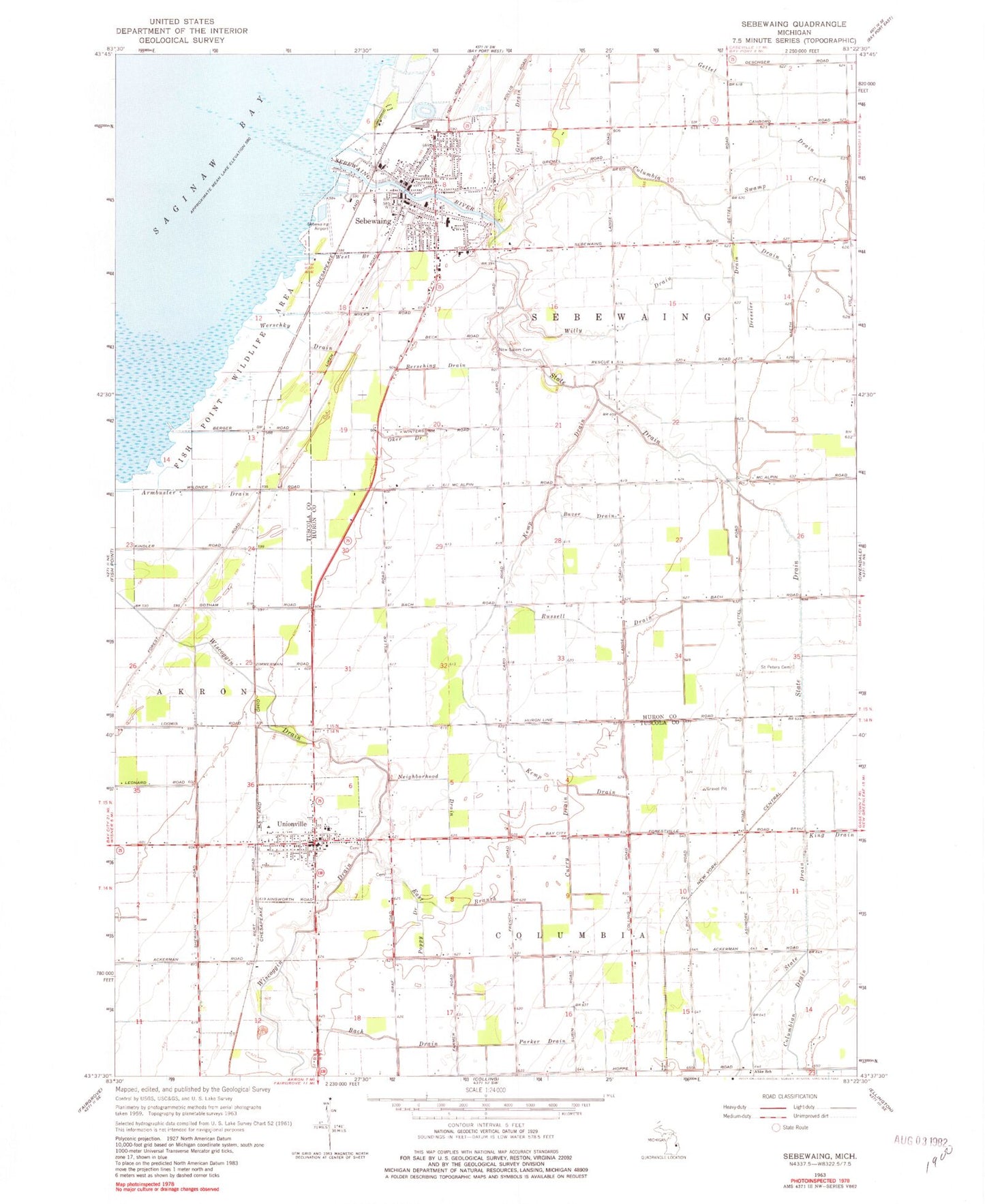 Classic USGS Sebewaing Michigan 7.5'x7.5' Topo Map Image