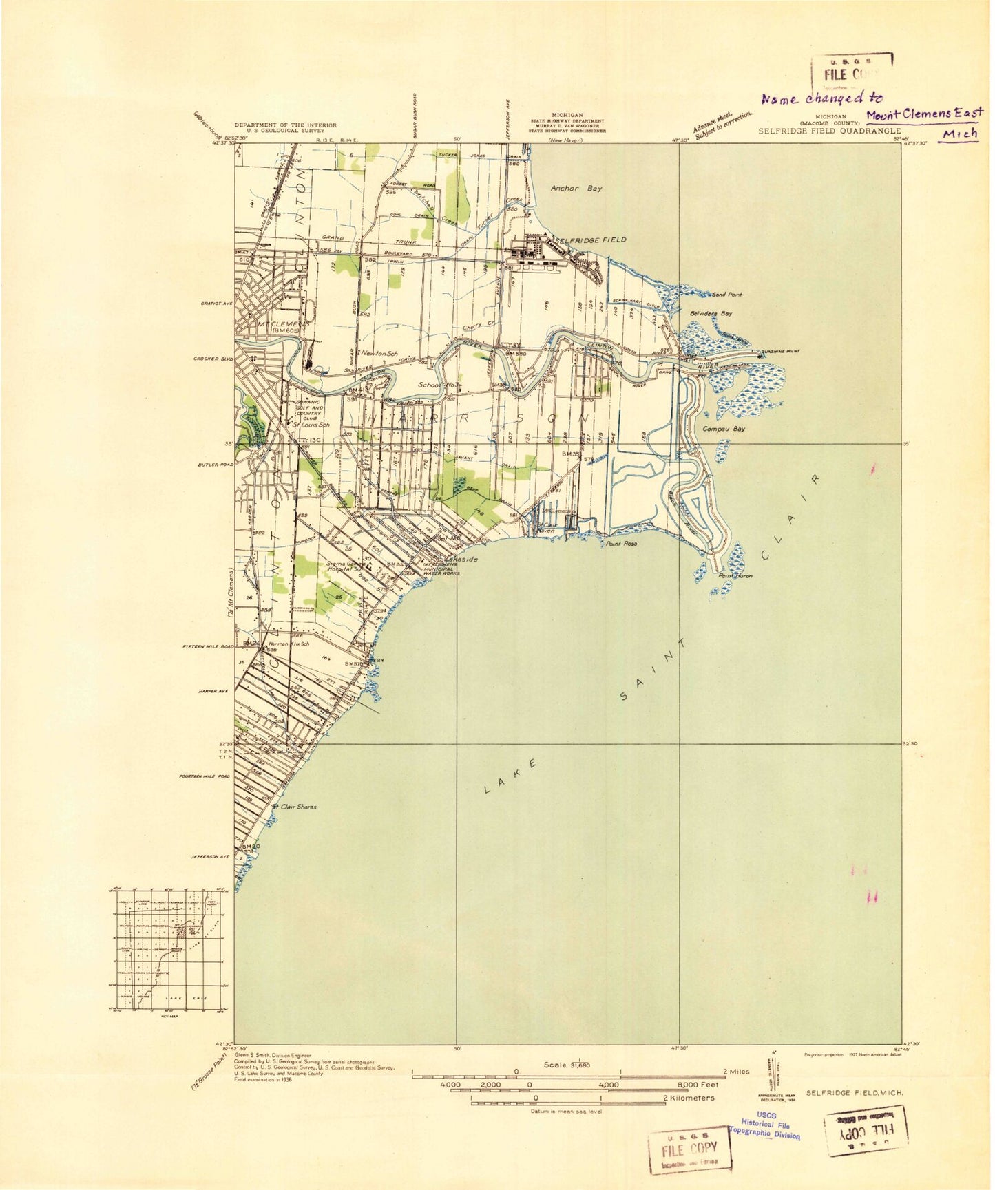 Classic USGS Mount Clemens East Michigan 7.5'x7.5' Topo Map Image