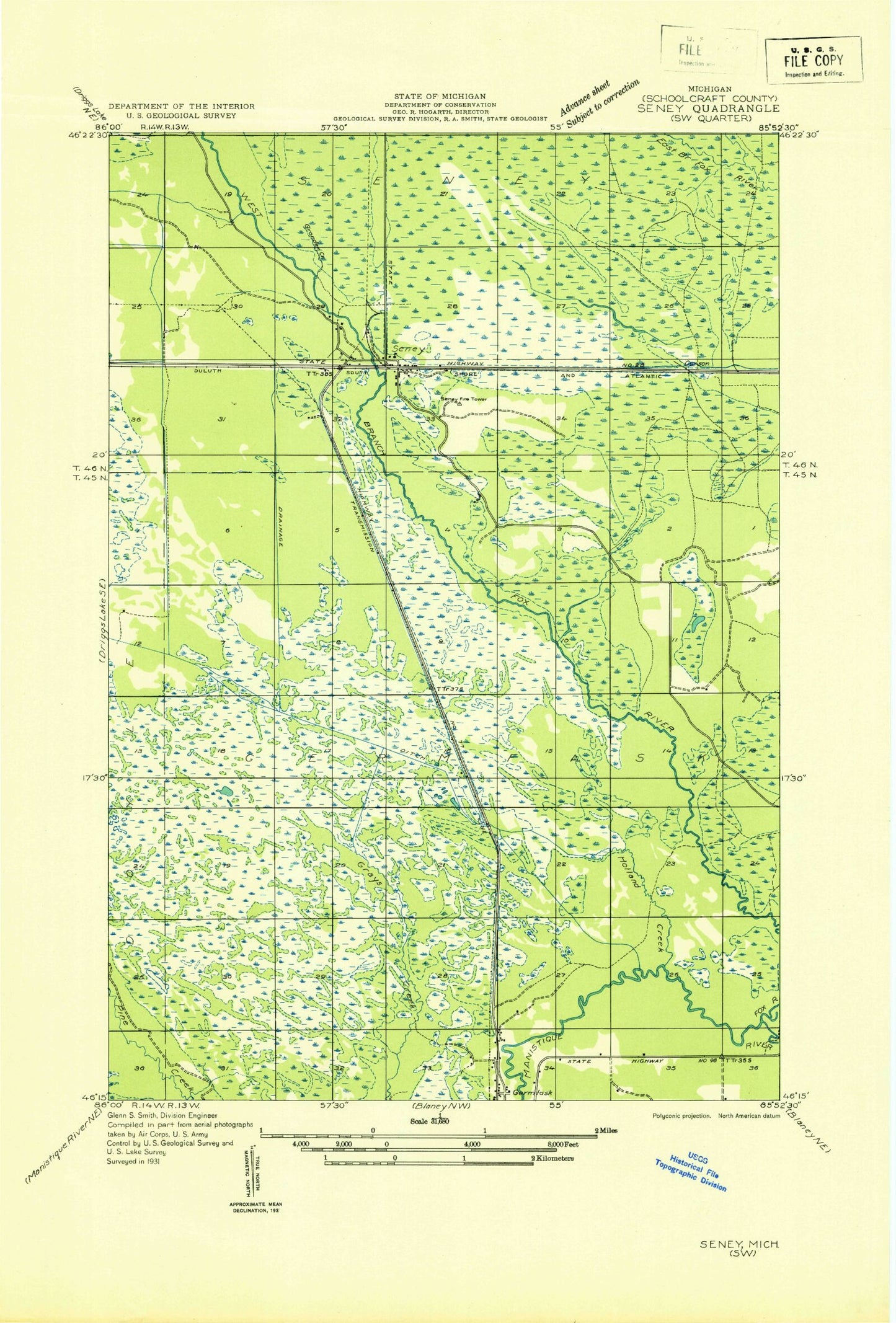 Classic USGS Seney Michigan 7.5'x7.5' Topo Map Image