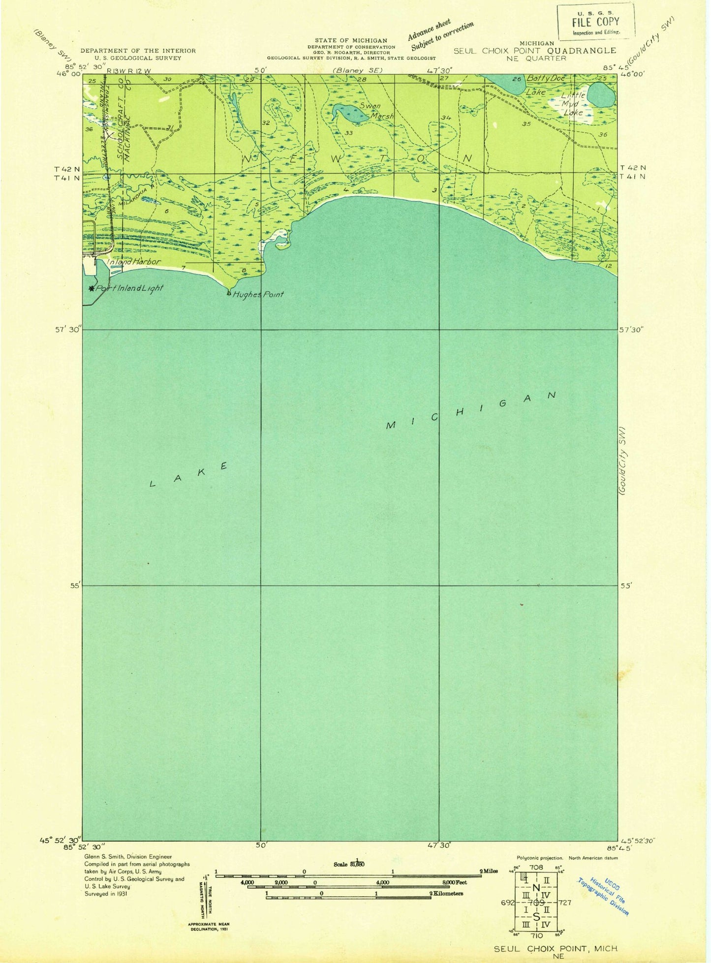 Classic USGS Hughes Point Michigan 7.5'x7.5' Topo Map Image