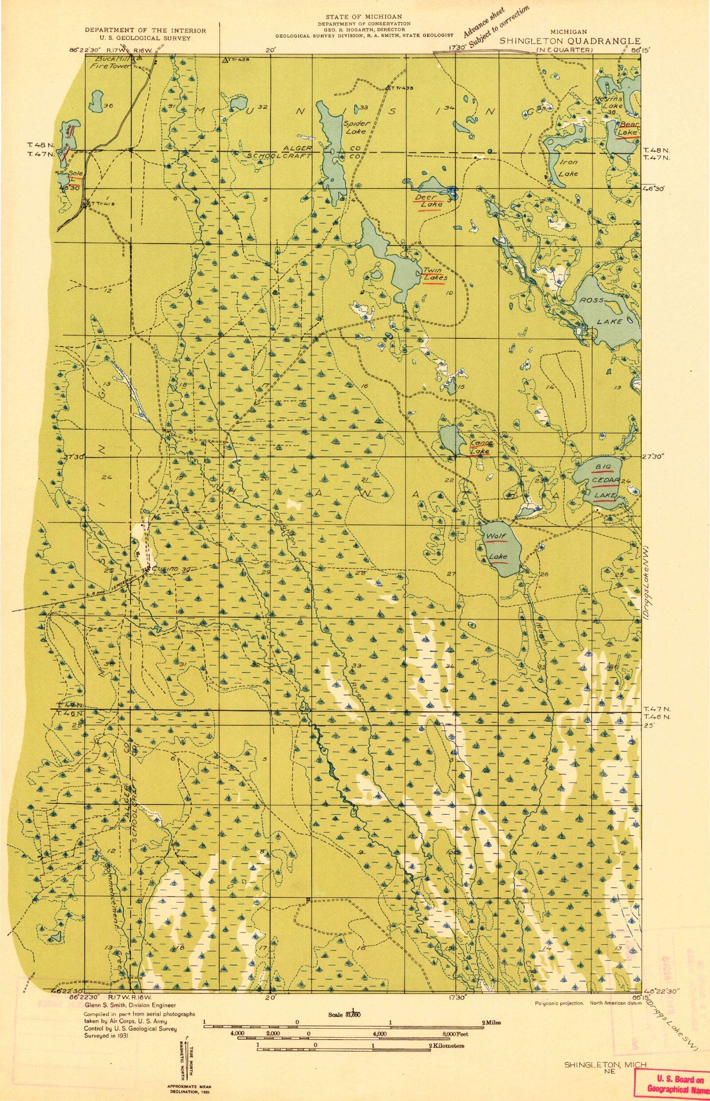 Classic USGS Cusino Michigan 7.5'x7.5' Topo Map Image