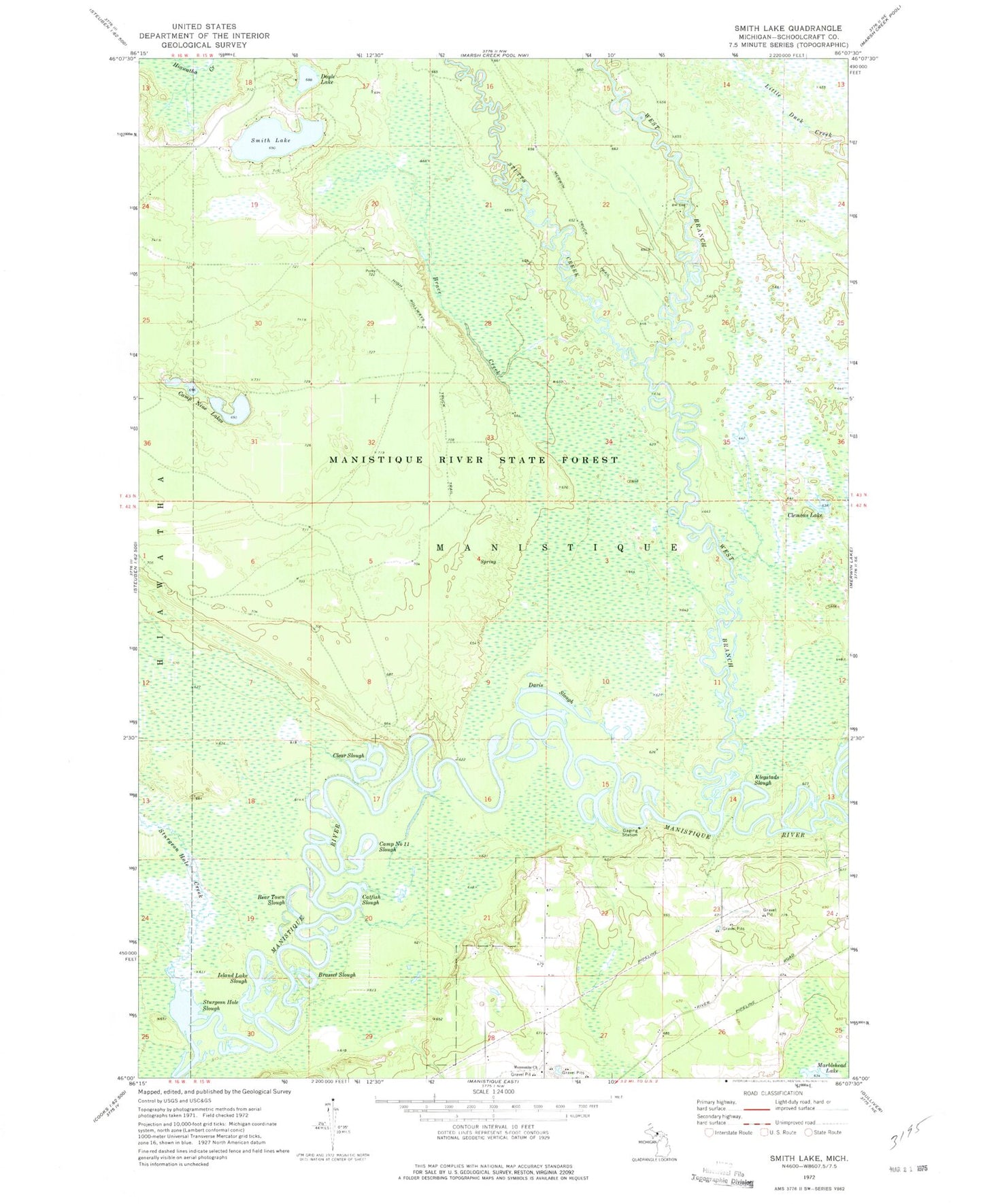 Classic USGS Smith Lake Michigan 7.5'x7.5' Topo Map Image