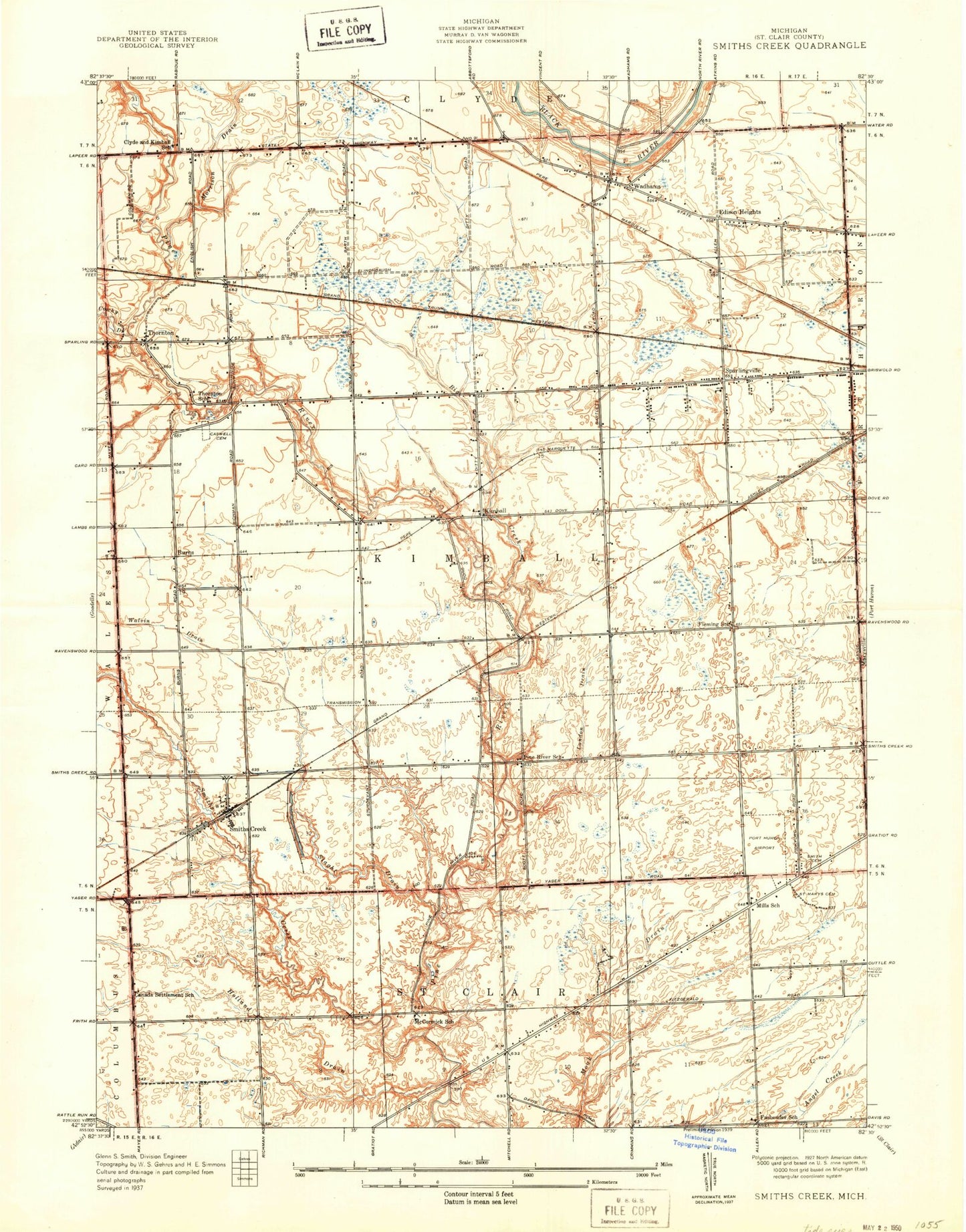 Classic USGS Smiths Creek Michigan 7.5'x7.5' Topo Map Image