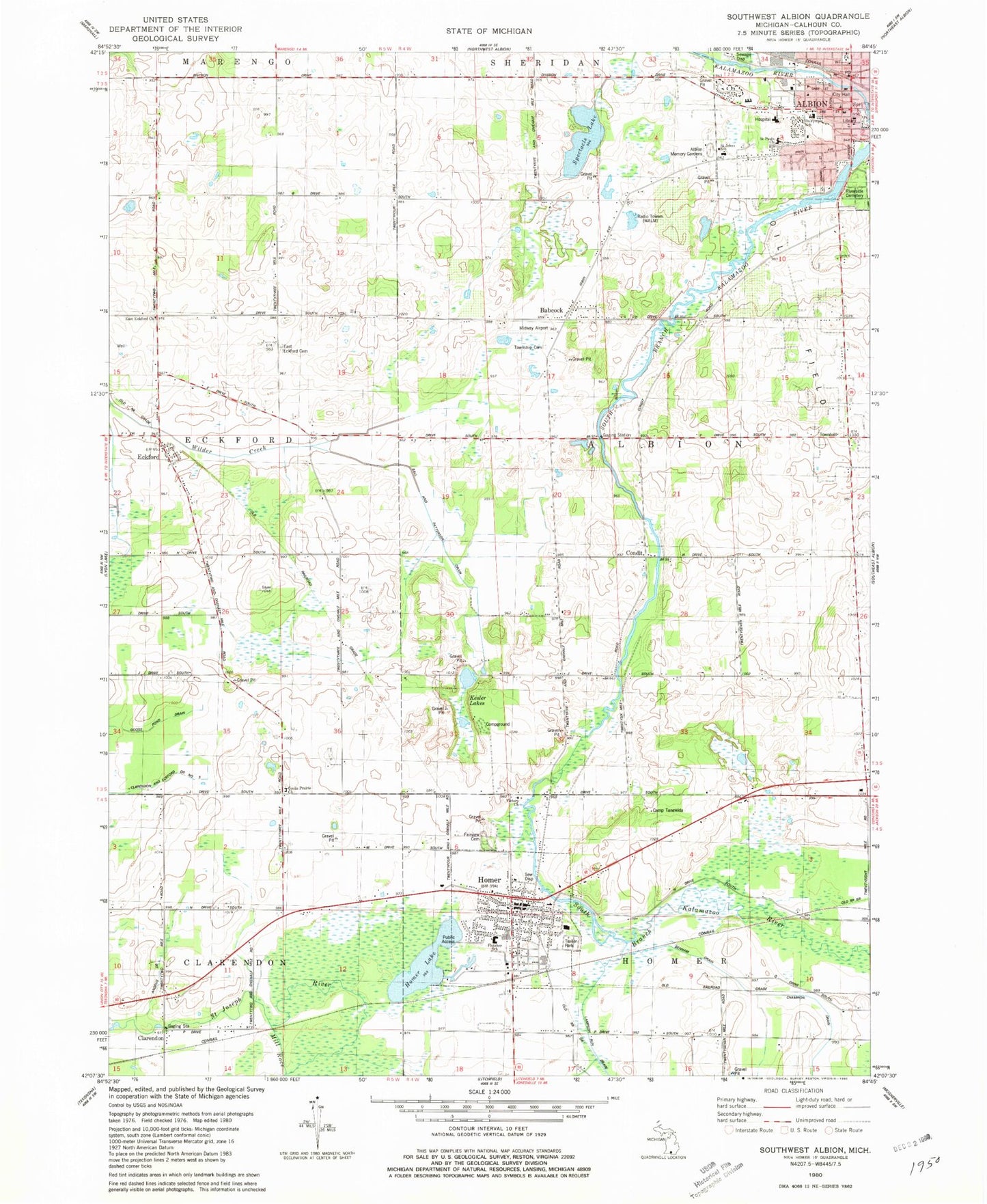 Classic USGS Southwest Albion Michigan 7.5'x7.5' Topo Map Image