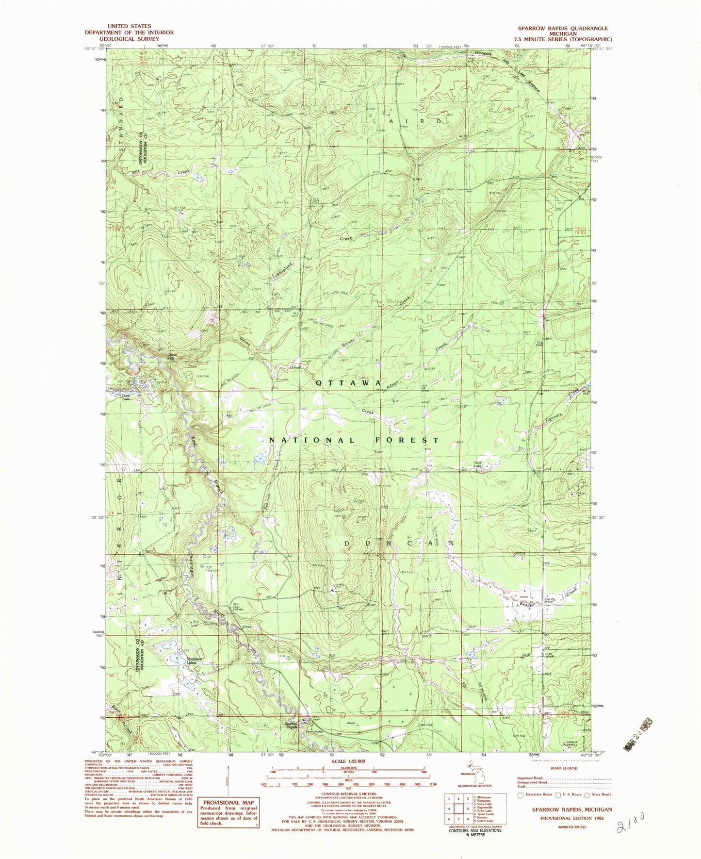 Classic USGS Sparrow Rapids Michigan 7.5'x7.5' Topo Map Image