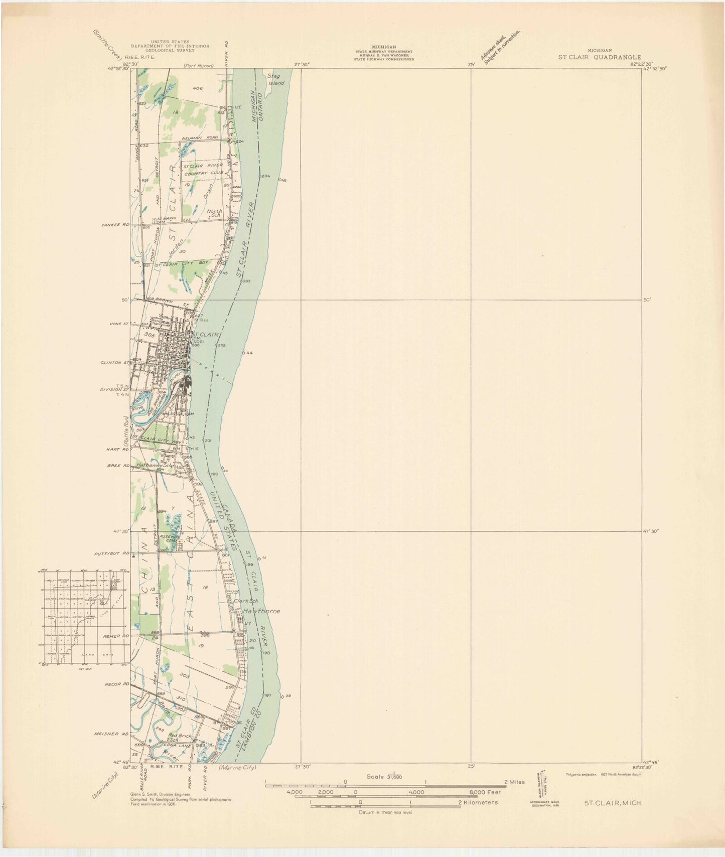 Classic USGS St. Clair Michigan 7.5'x7.5' Topo Map Image