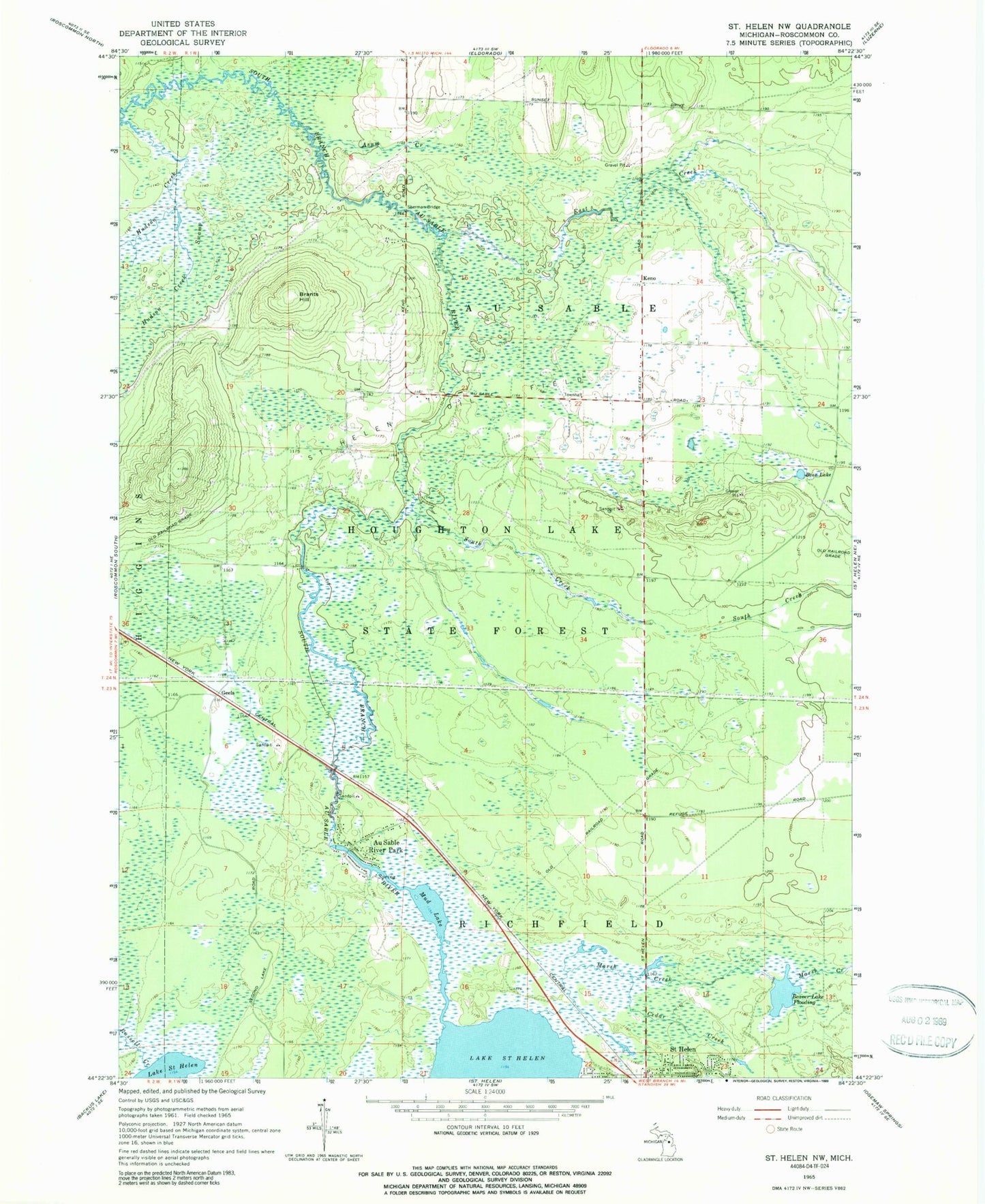 Classic USGS Saint Helen NW Michigan 7.5'x7.5' Topo Map Image