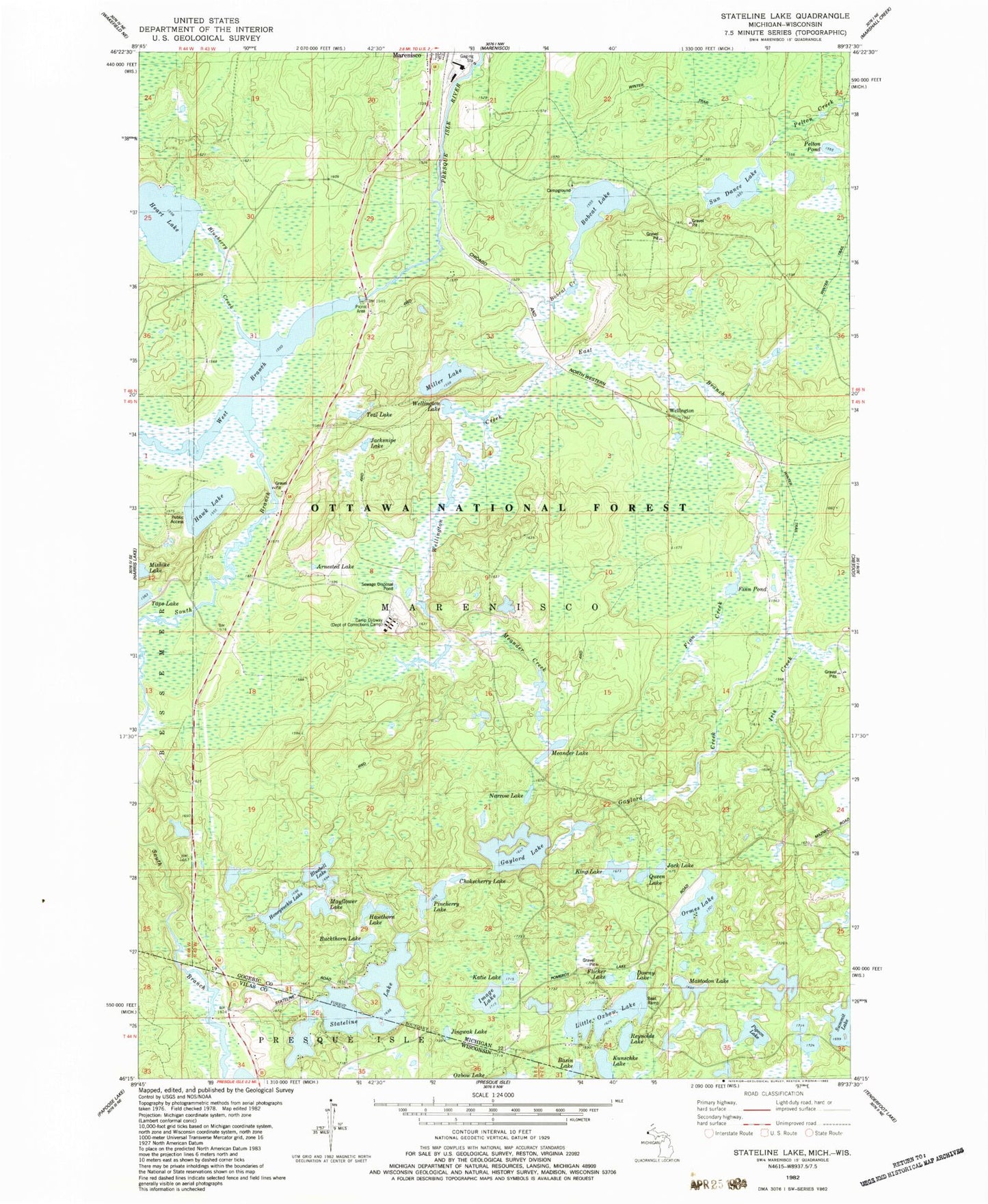 Classic USGS Stateline Lake Michigan 7.5'x7.5' Topo Map Image