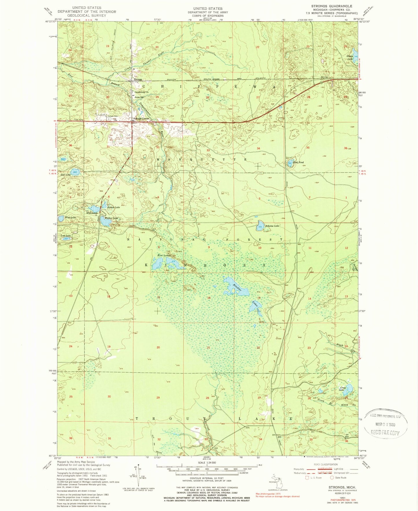 Classic USGS Strongs Michigan 7.5'x7.5' Topo Map Image