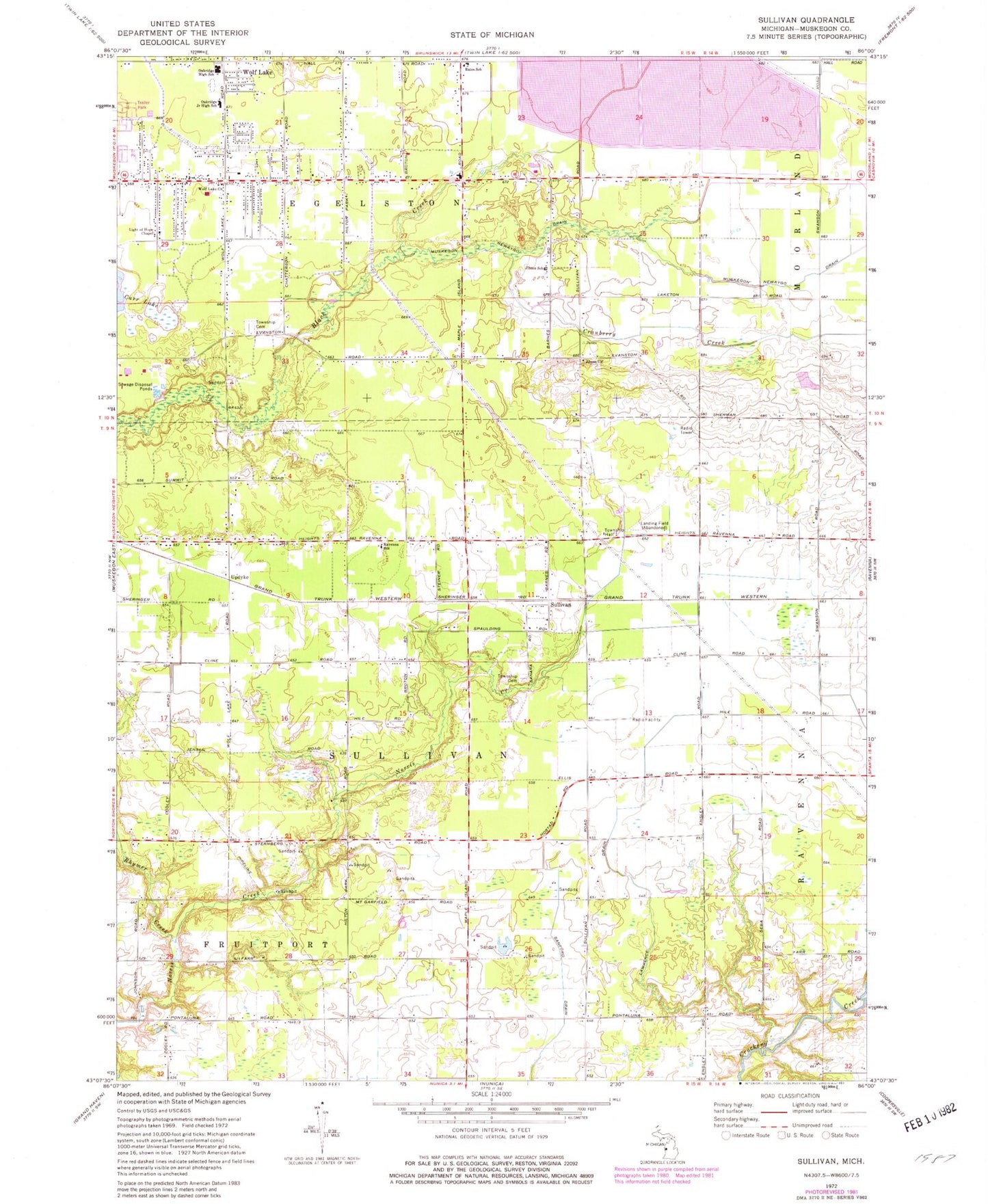 Classic USGS Sullivan Michigan 7.5'x7.5' Topo Map Image