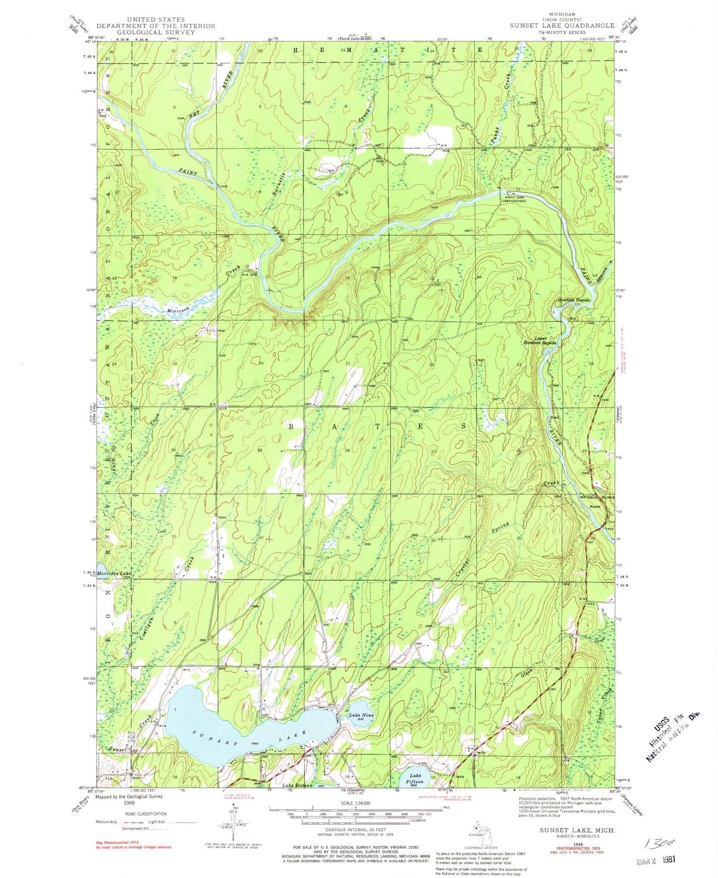 Classic USGS Sunset Lake Michigan 7.5'x7.5' Topo Map Image