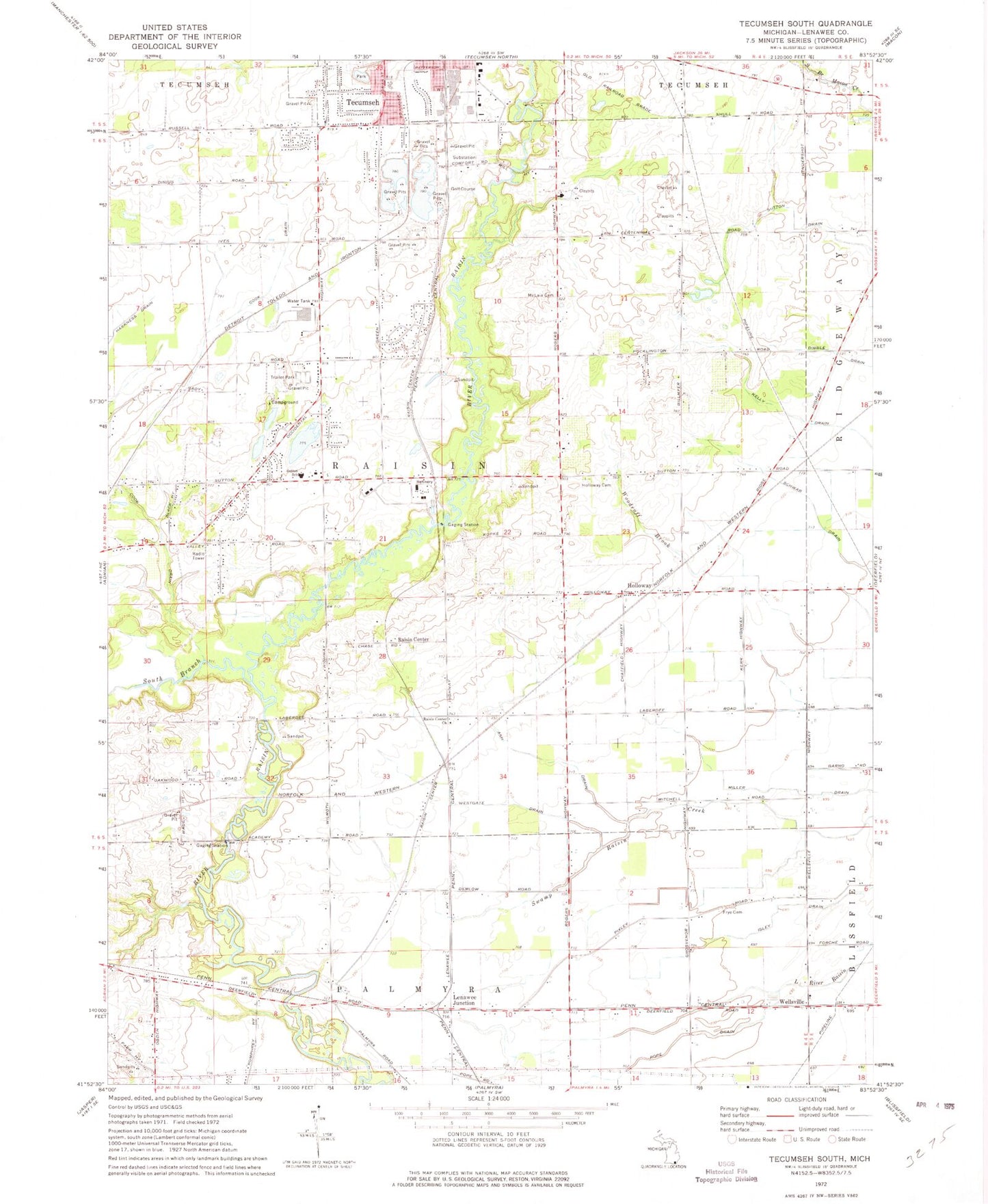Classic USGS Tecumseh South Michigan 7.5'x7.5' Topo Map Image