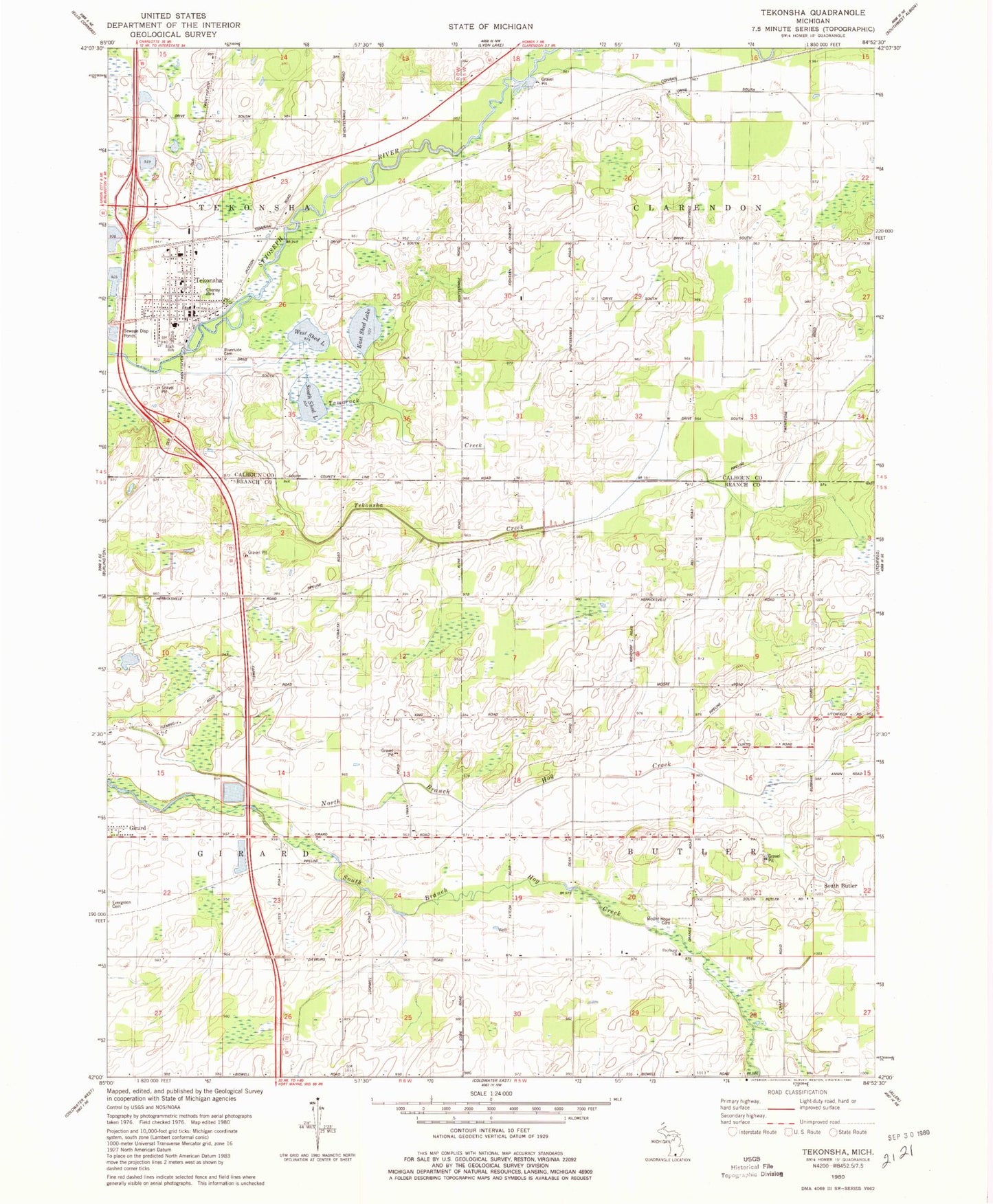 Classic USGS Tekonsha Michigan 7.5'x7.5' Topo Map Image