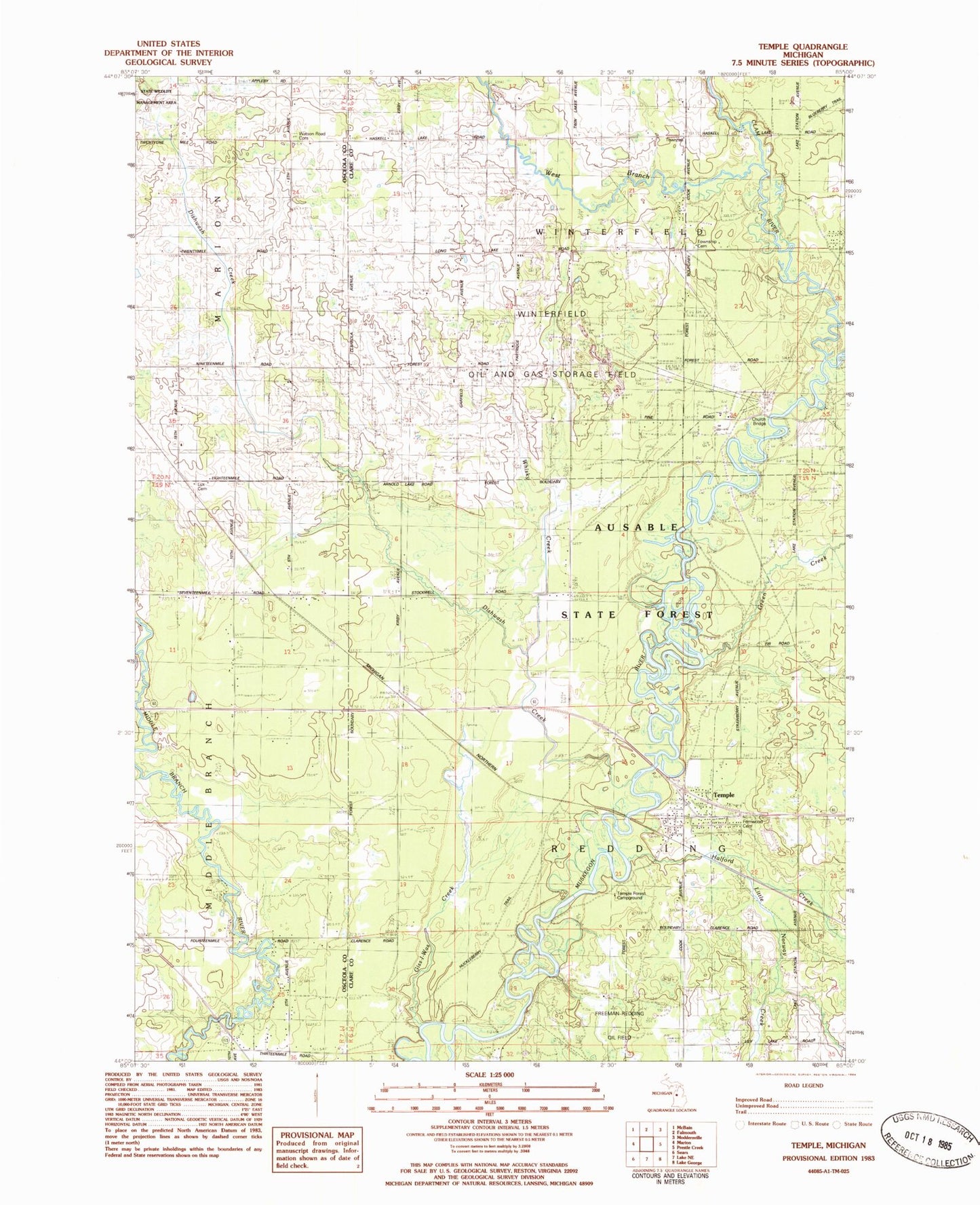 Classic USGS Temple Michigan 7.5'x7.5' Topo Map Image
