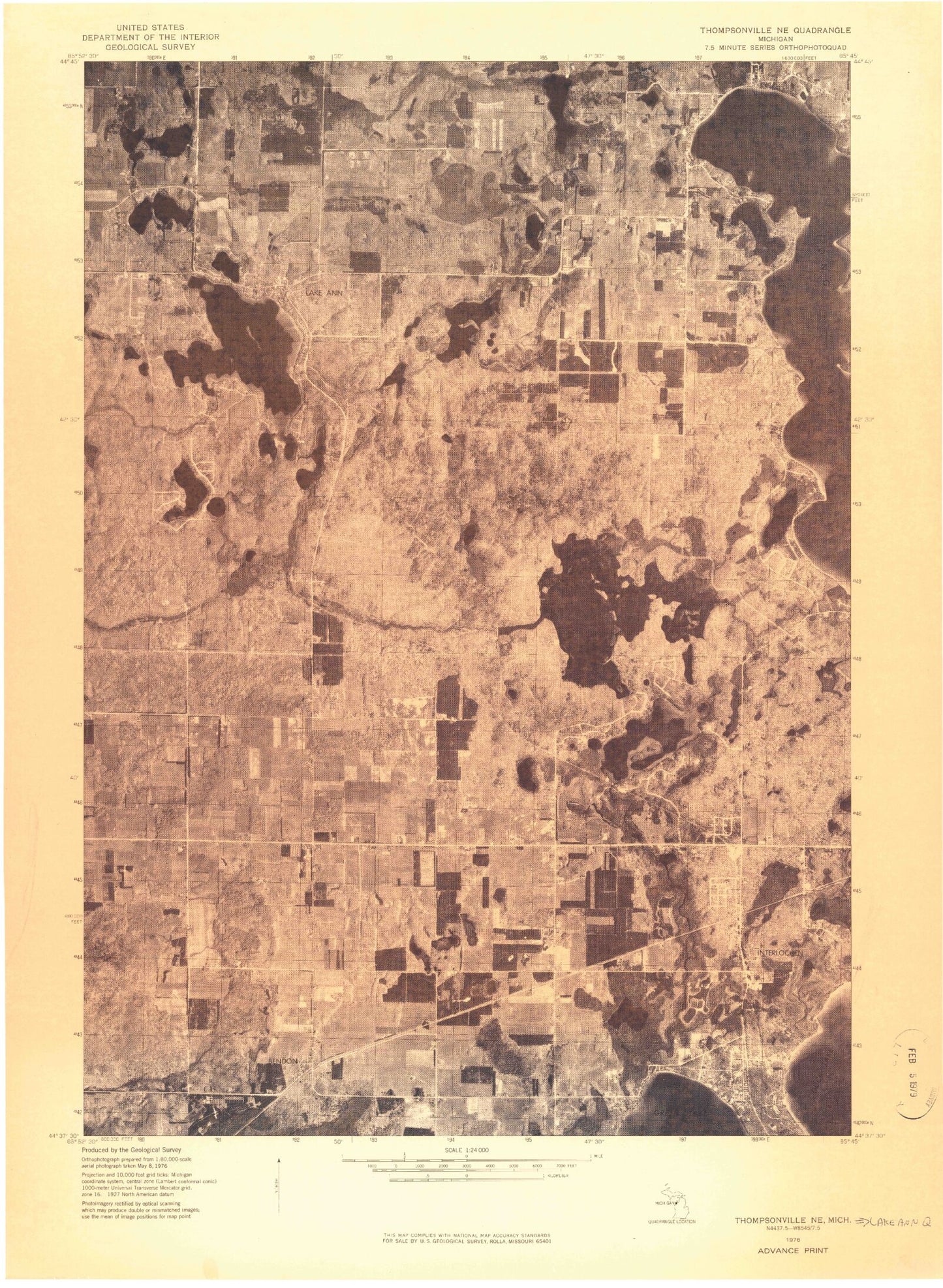 Classic USGS Lake Ann Michigan 7.5'x7.5' Topo Map Image