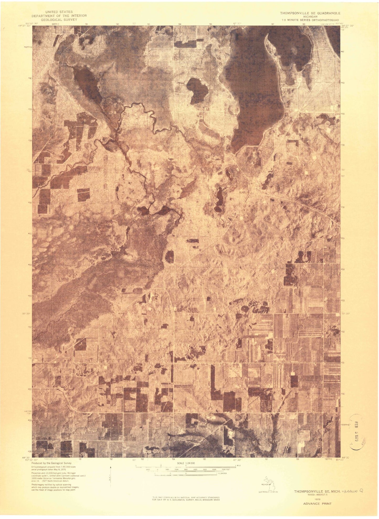 Classic USGS Karlin Michigan 7.5'x7.5' Topo Map Image