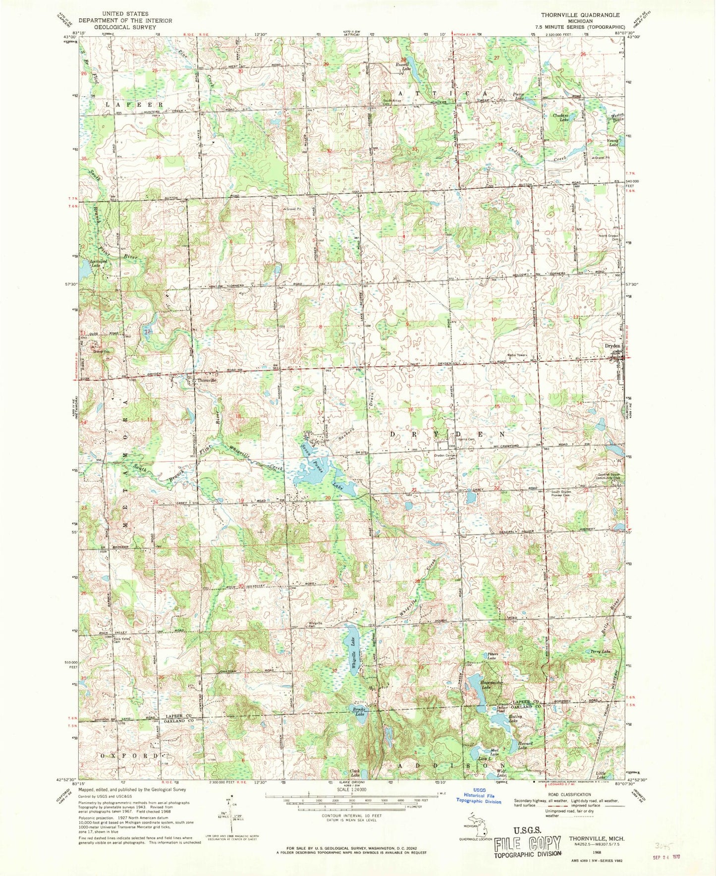 Classic USGS Thornville Michigan 7.5'x7.5' Topo Map Image