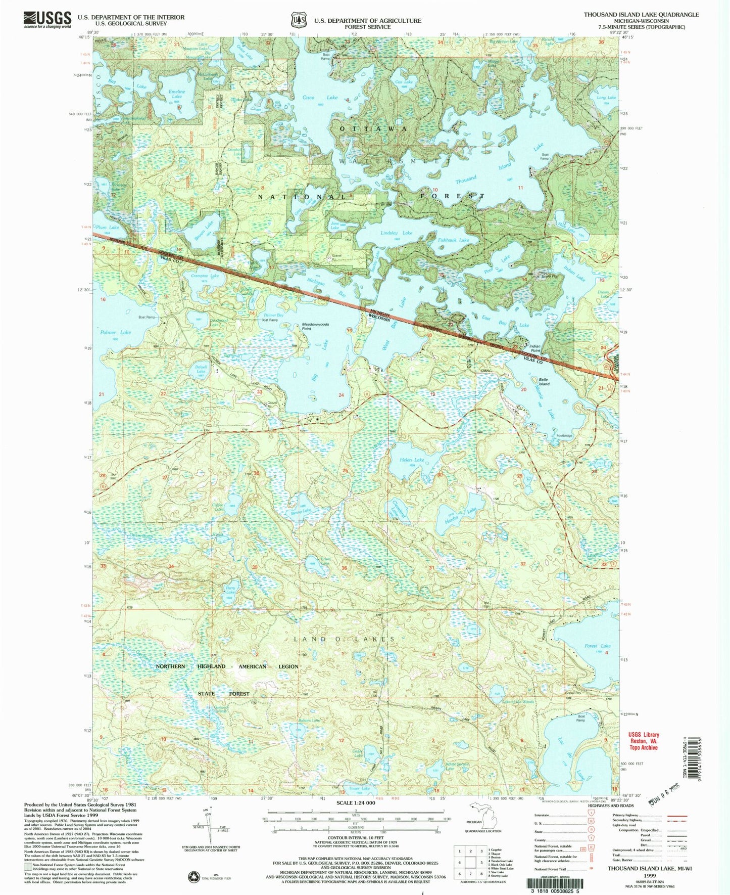 Classic USGS Thousand Island Lake Michigan 7.5'x7.5' Topo Map Image