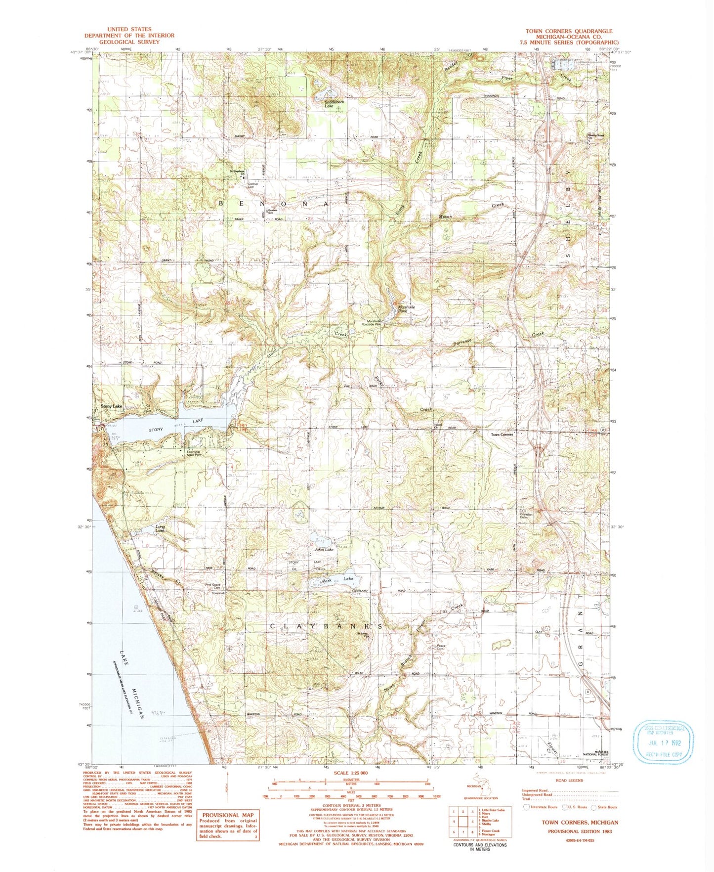 Classic USGS Town Corners Michigan 7.5'x7.5' Topo Map Image