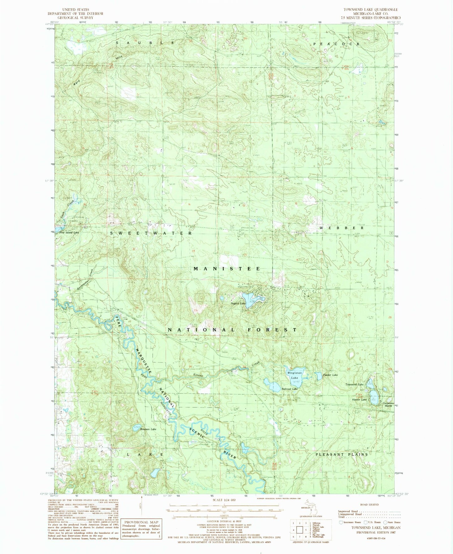 Classic USGS Townsend Lake Michigan 7.5'x7.5' Topo Map Image
