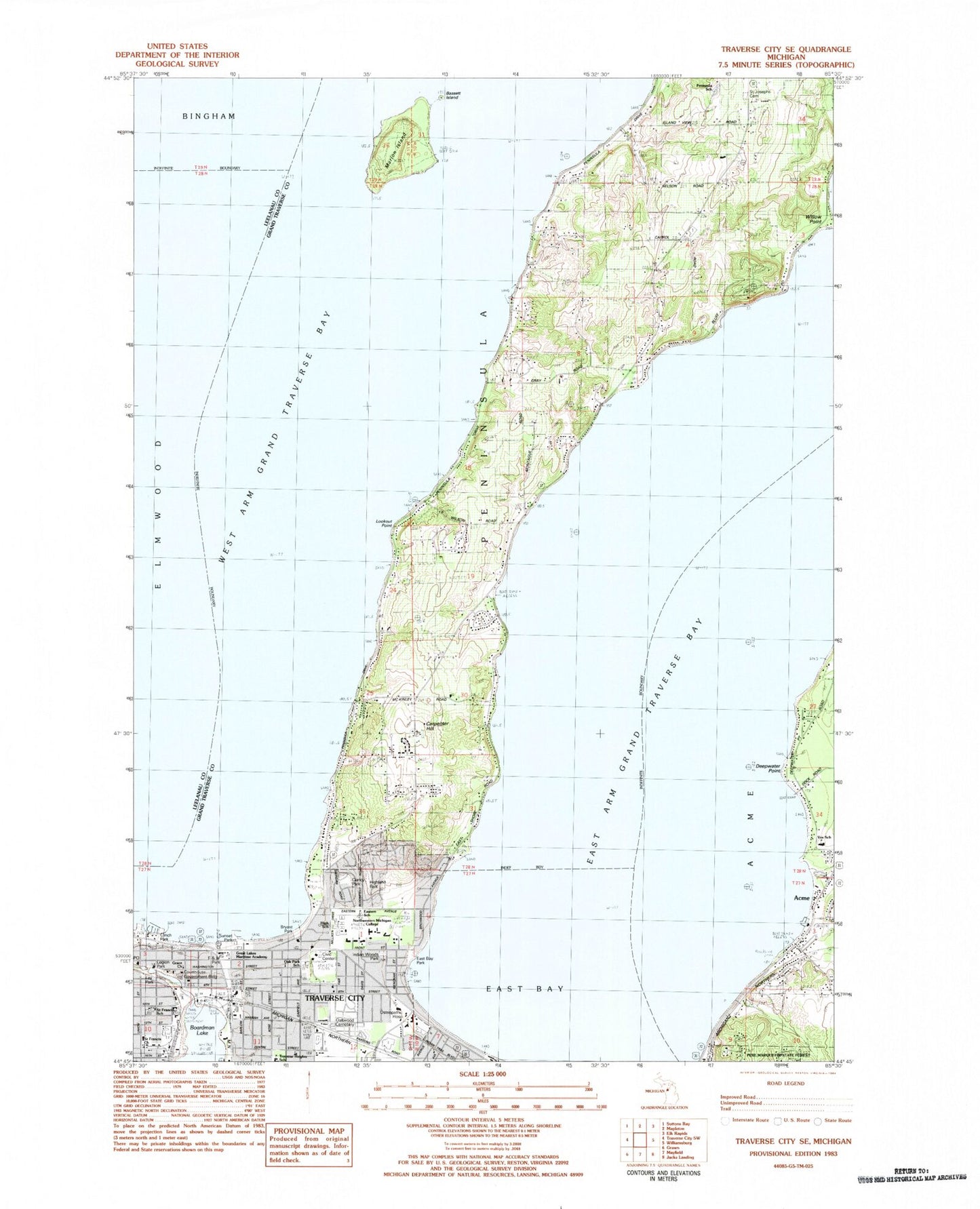Classic USGS Traverse City SE Michigan 7.5'x7.5' Topo Map Image