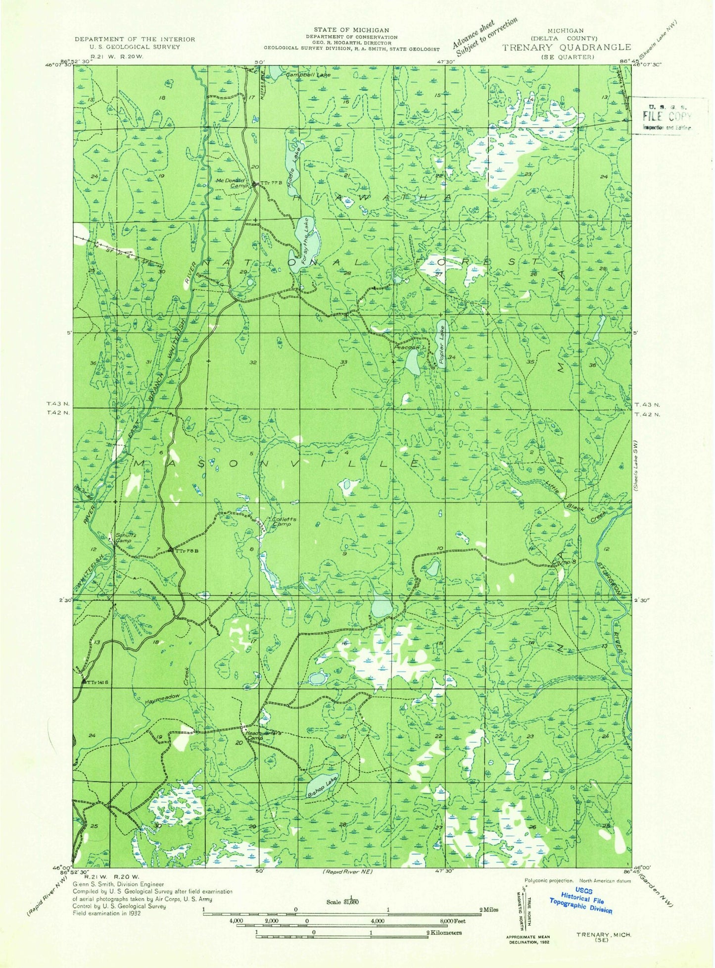 Classic USGS Poplar Lake Michigan 7.5'x7.5' Topo Map Image