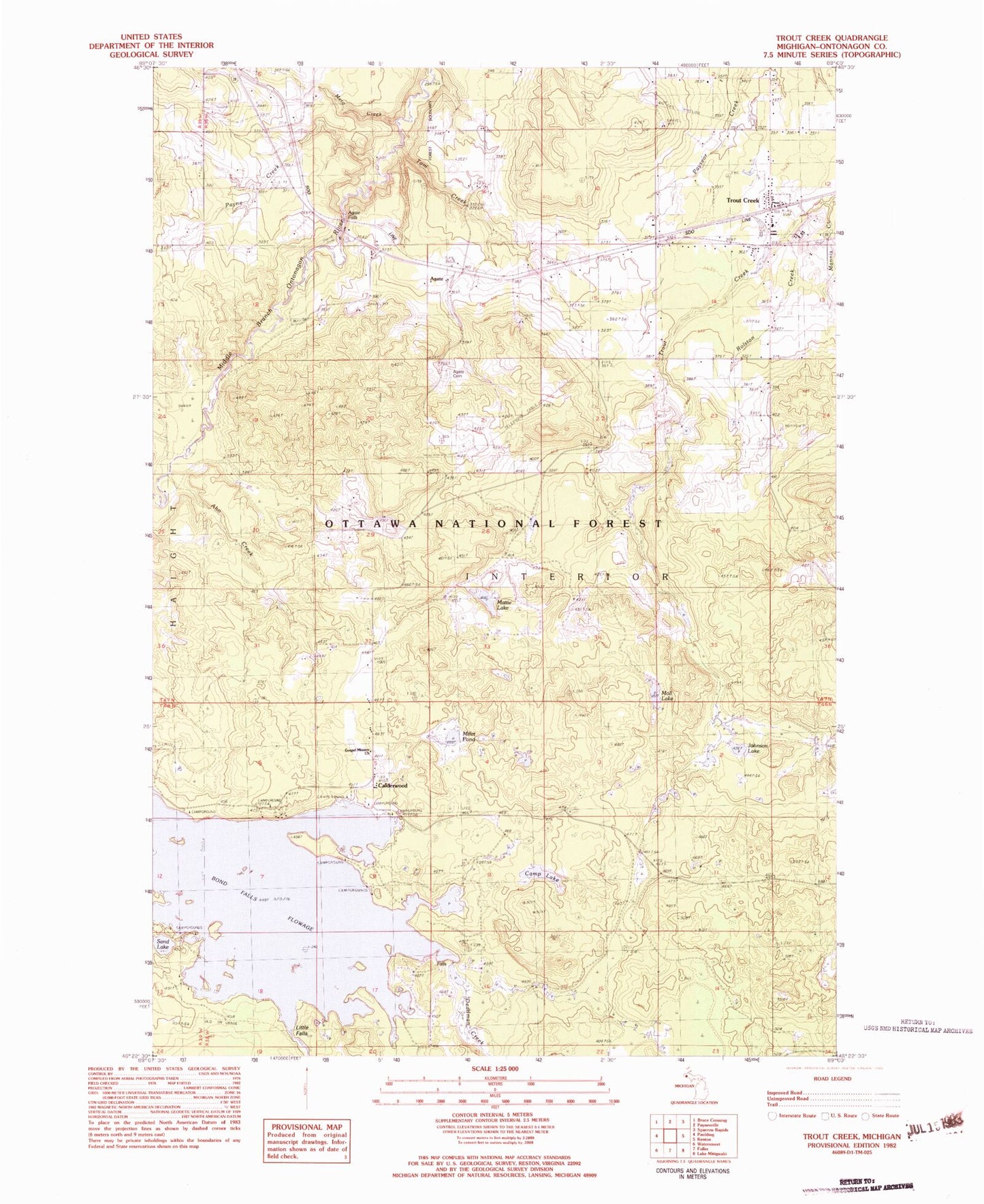 Classic USGS Trout Creek Michigan 7.5'x7.5' Topo Map Image