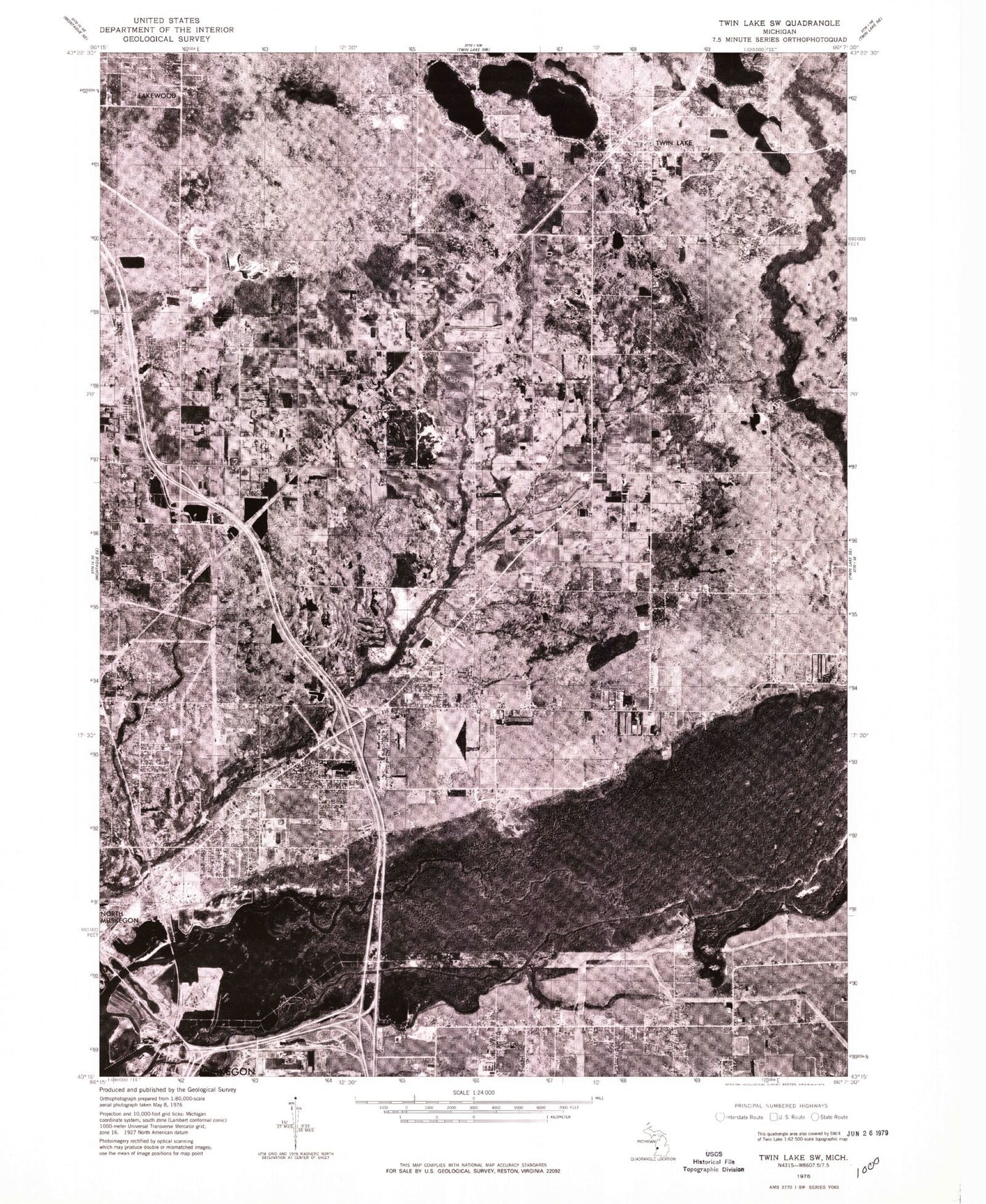 Classic USGS Twin Lake Michigan 7.5'x7.5' Topo Map Image