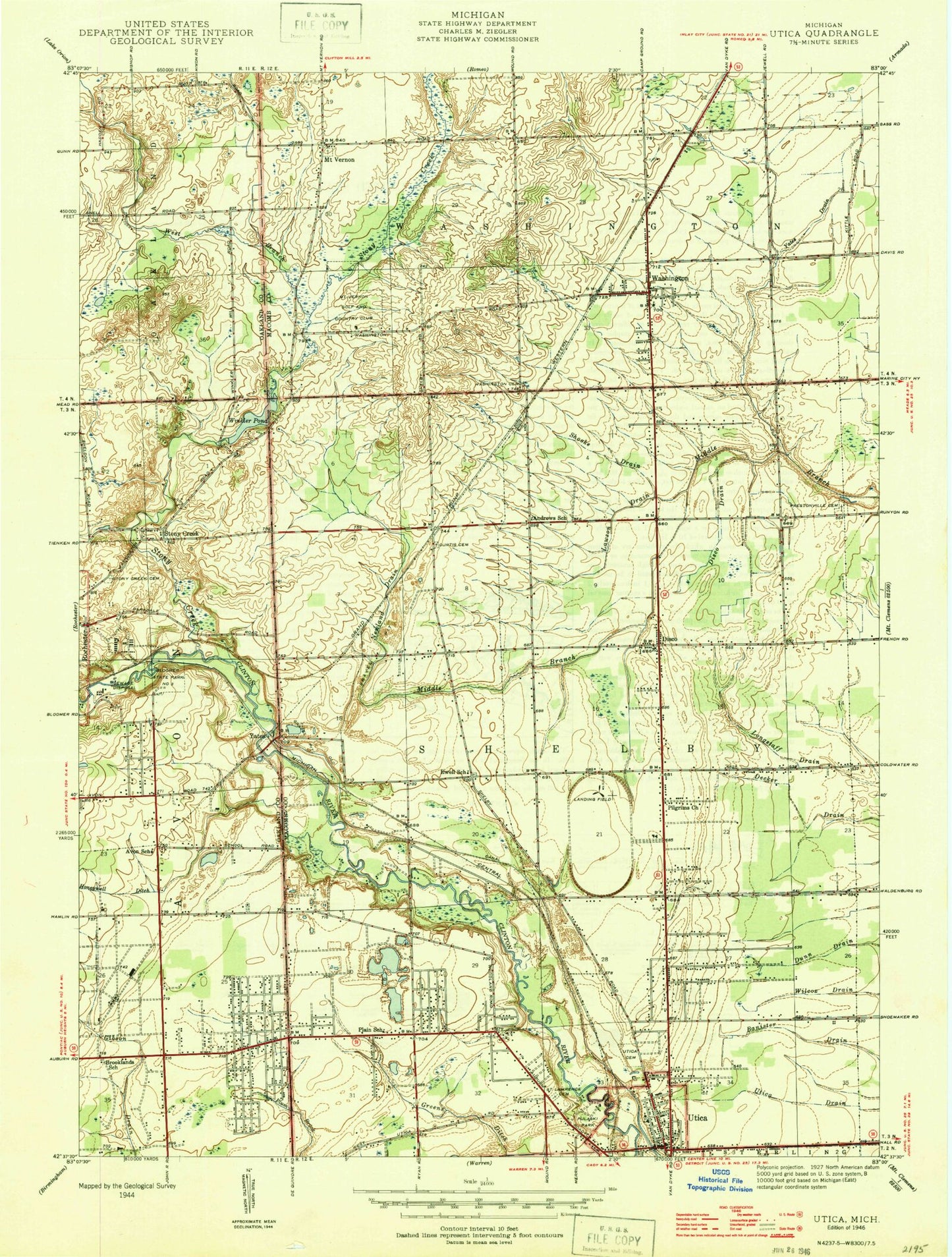 Classic USGS Utica Michigan 7.5'x7.5' Topo Map Image