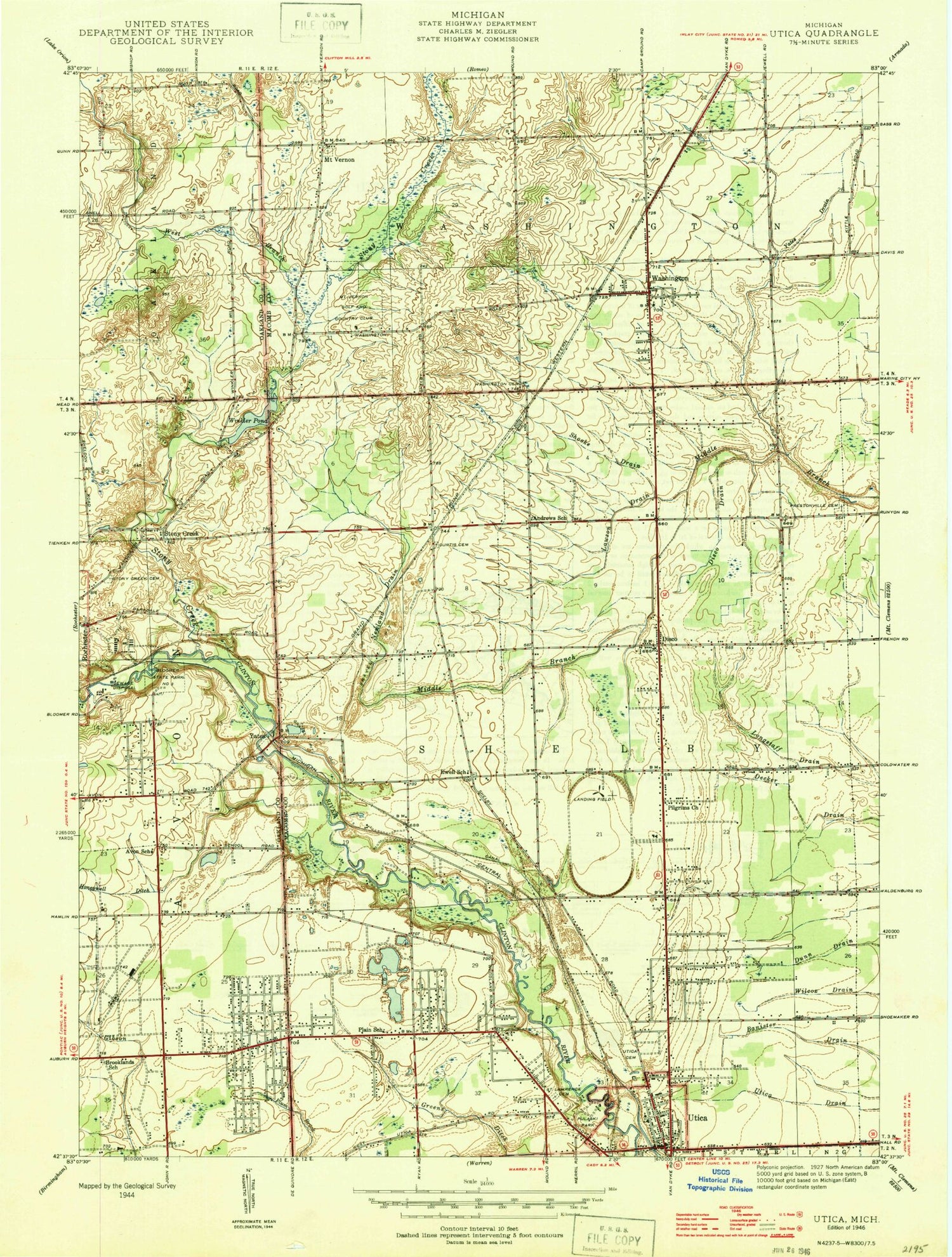 Classic USGS Utica Michigan 7.5'x7.5' Topo Map Image