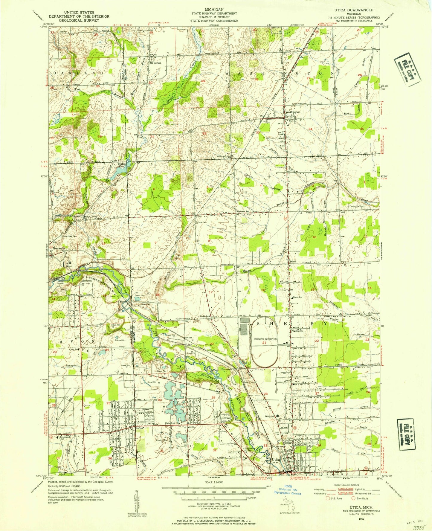 Classic USGS Utica Michigan 7.5'x7.5' Topo Map Image