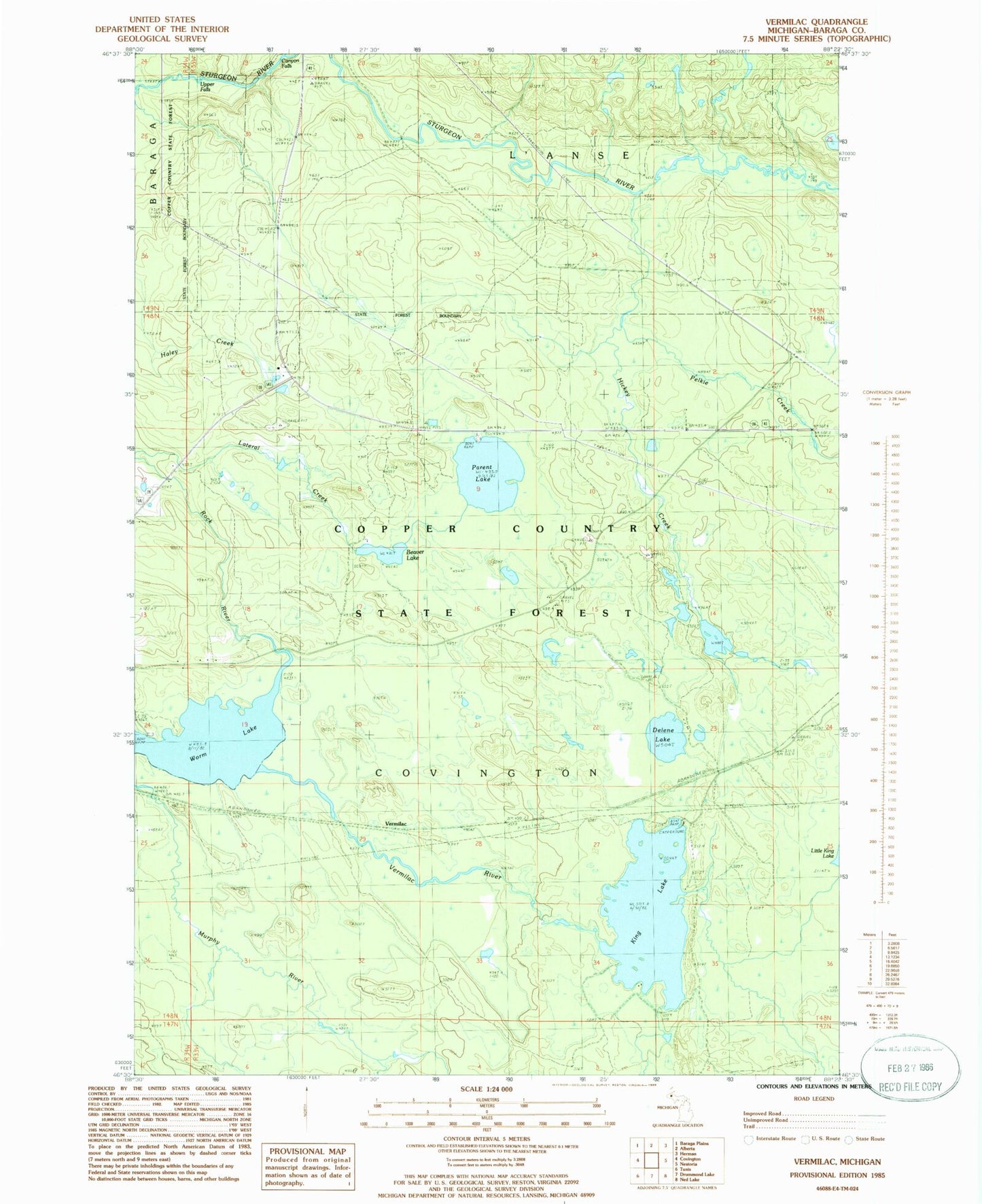 Classic USGS Vermilac Michigan 7.5'x7.5' Topo Map Image