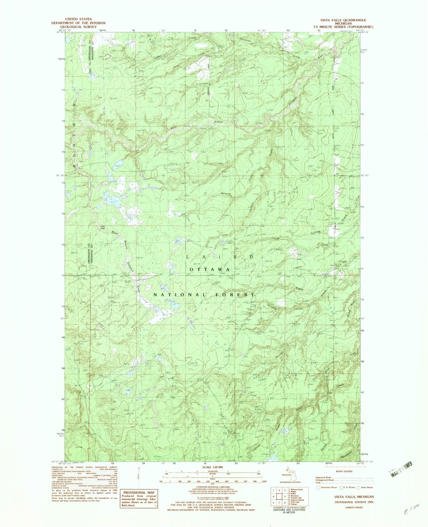 Classic USGS Vista Falls Michigan 7.5'x7.5' Topo Map Image