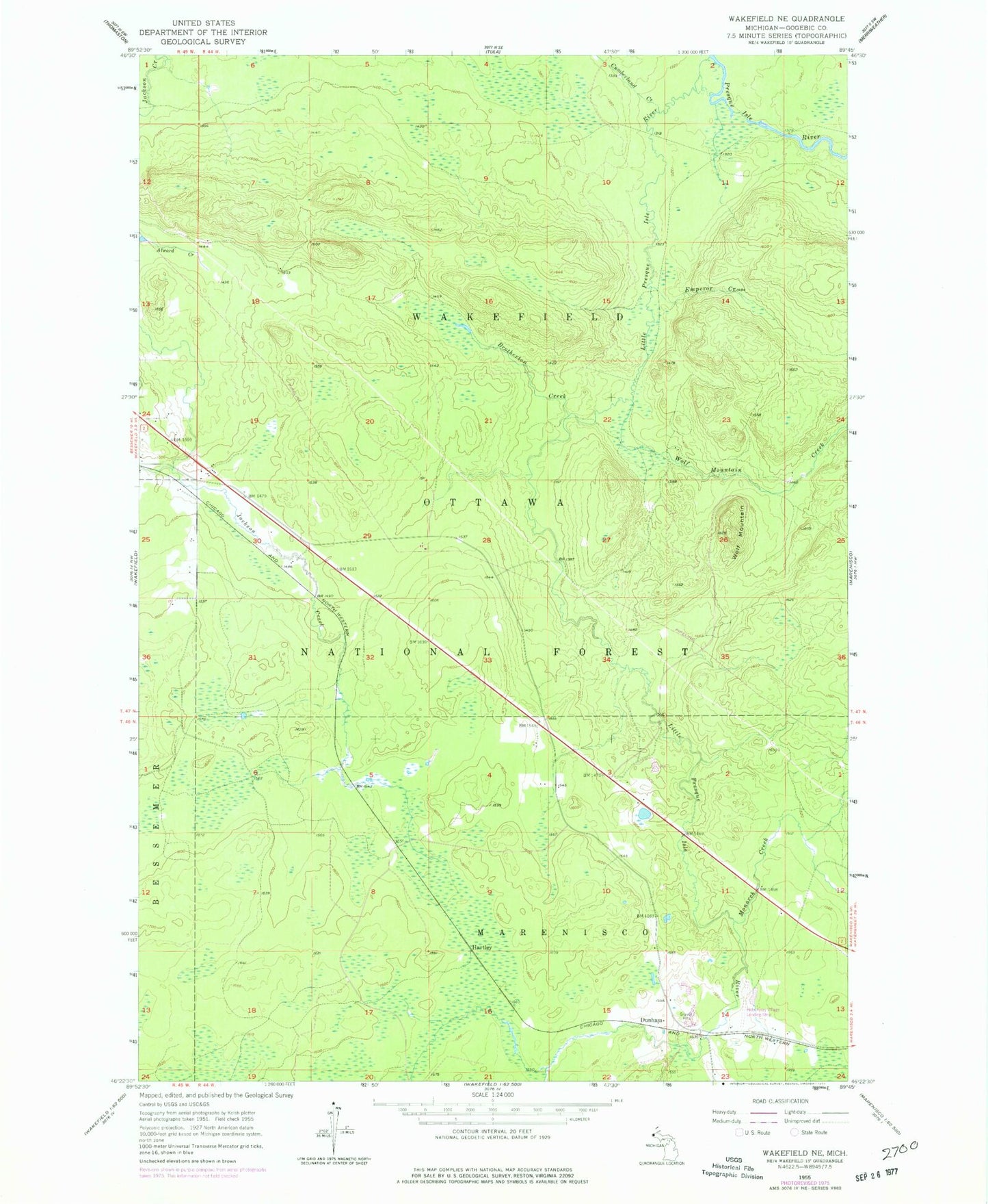 Classic USGS Wakefield NE Michigan 7.5'x7.5' Topo Map Image