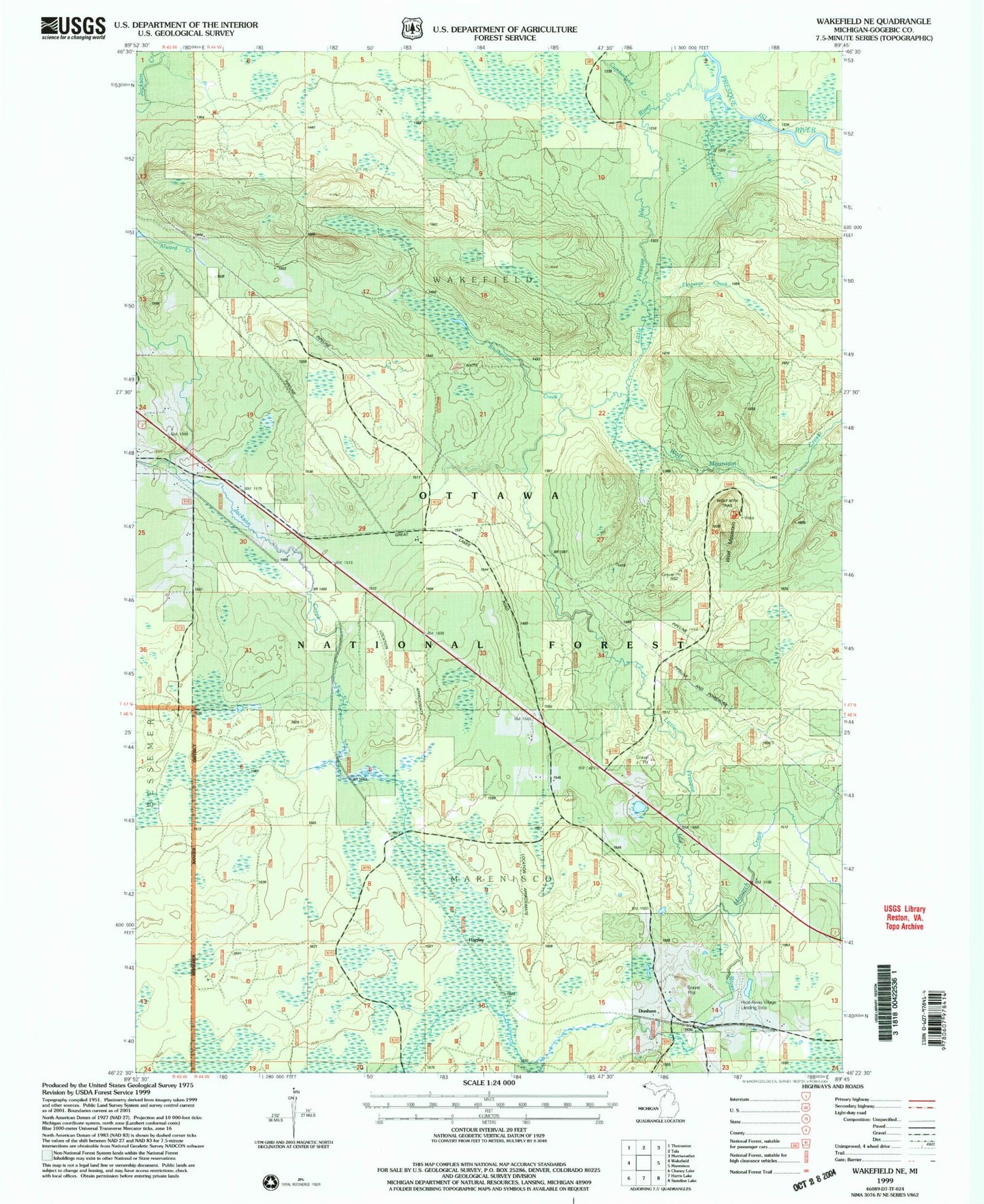 Classic USGS Wakefield NE Michigan 7.5'x7.5' Topo Map Image