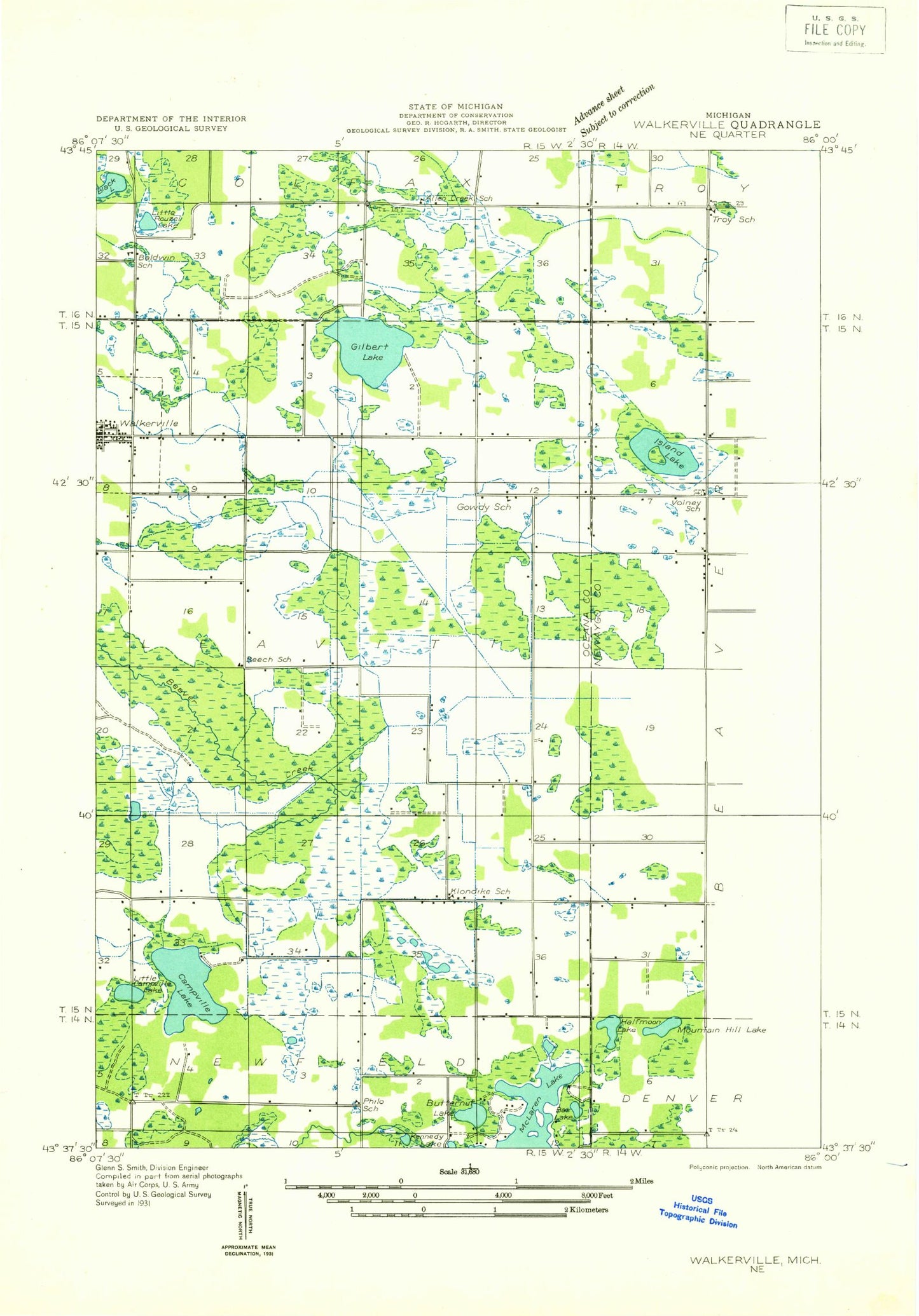 Classic USGS Walkerville East Michigan 7.5'x7.5' Topo Map Image